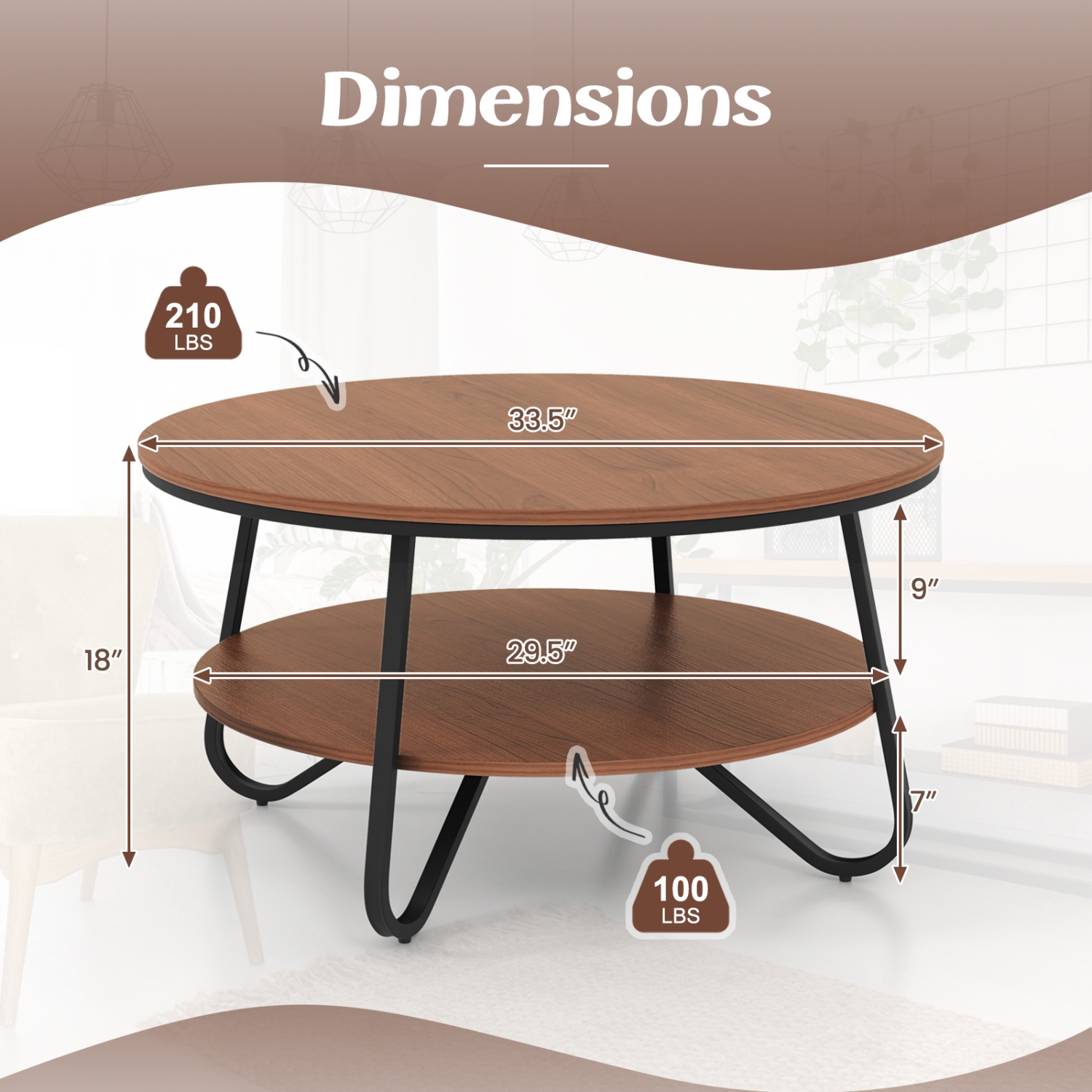 Table basse ronde à 2 niveaux avec fini grain de bois et cadre en métal robuste de Costway