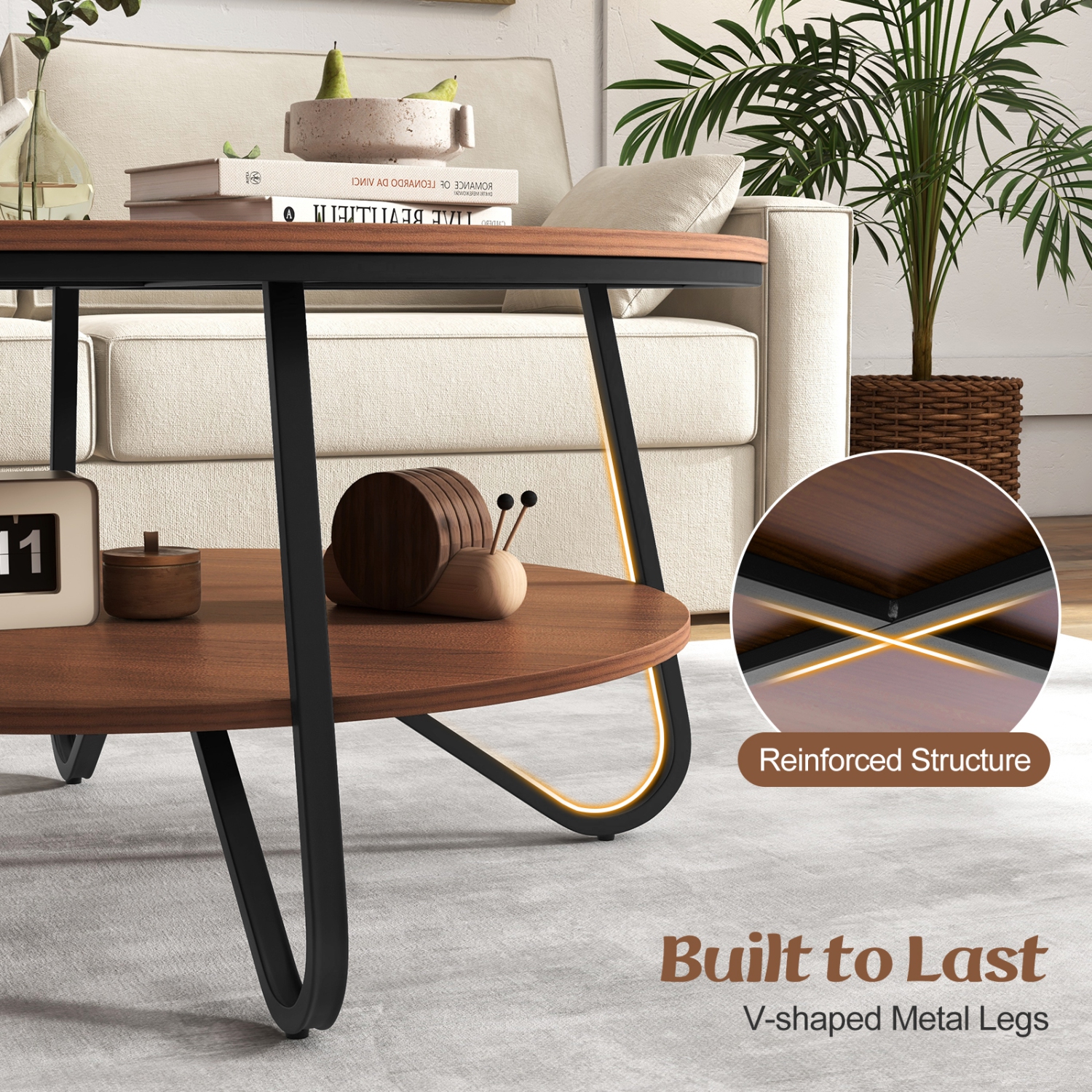 Table basse ronde à 2 niveaux avec fini grain de bois et cadre en métal robuste de Costway