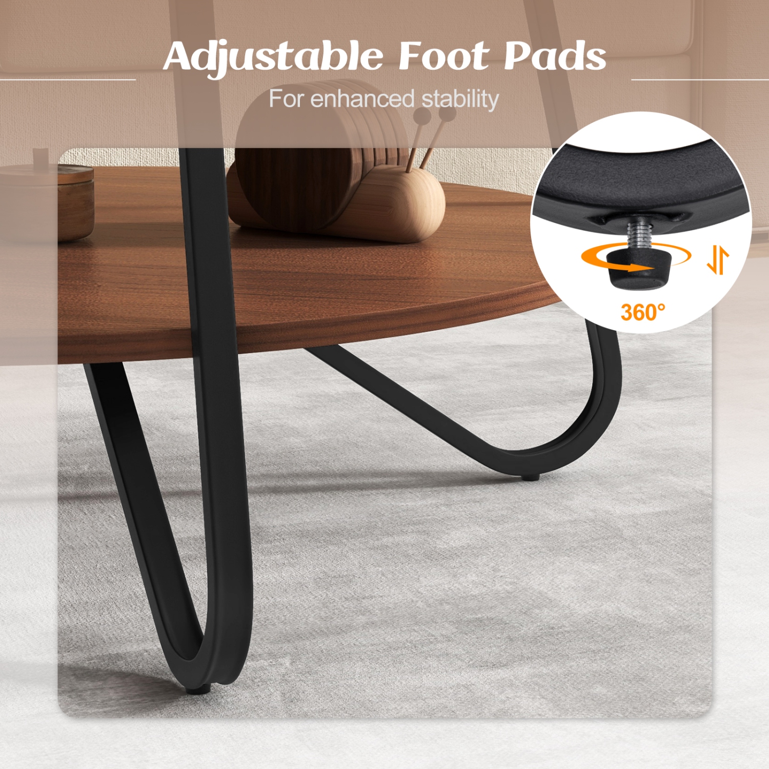 Table basse ronde à 2 niveaux avec fini grain de bois et cadre en métal robuste de Costway