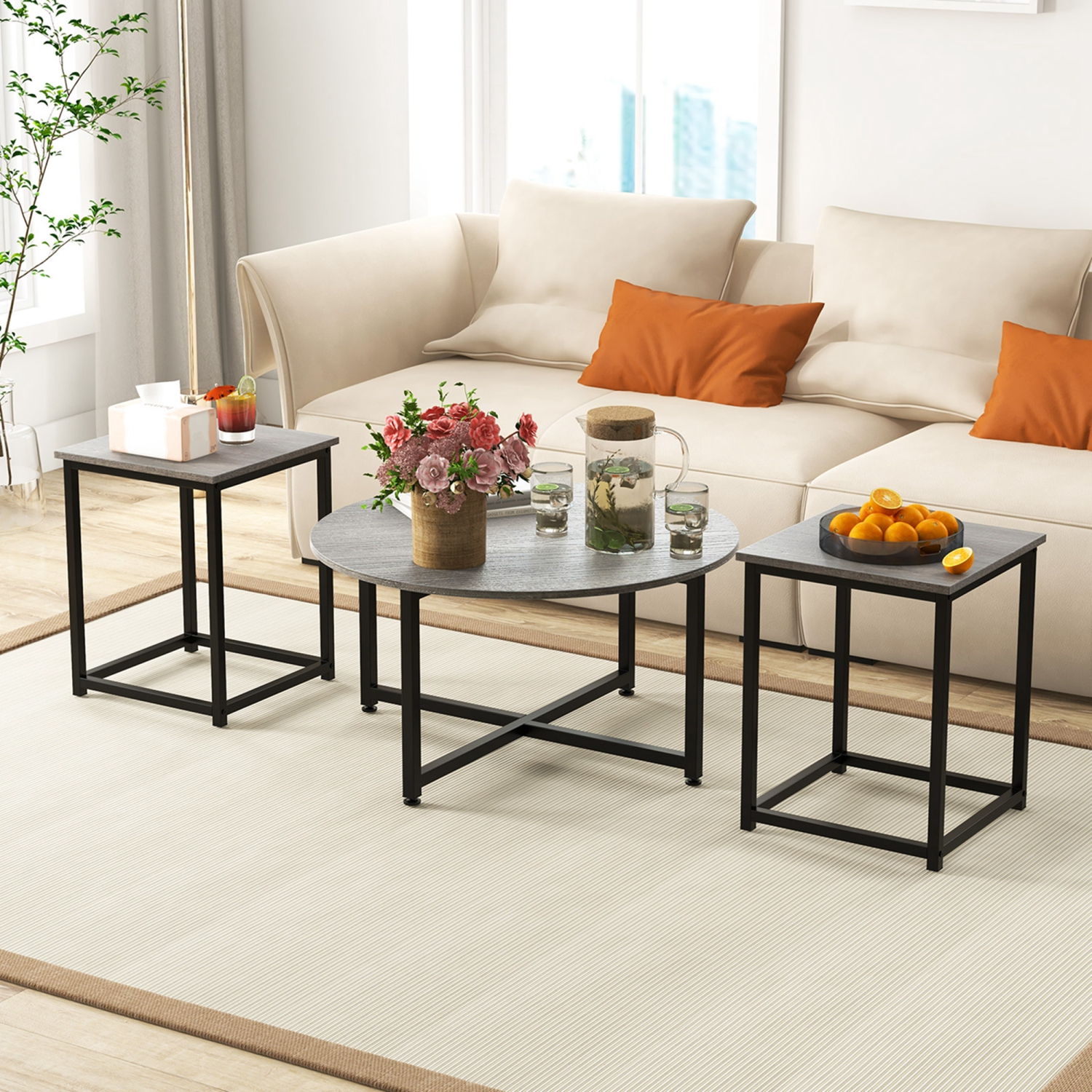 Costway 3 PCS Coffee Table Set Round Coffee Table and 2 PCS Square End Tables Metal Frame