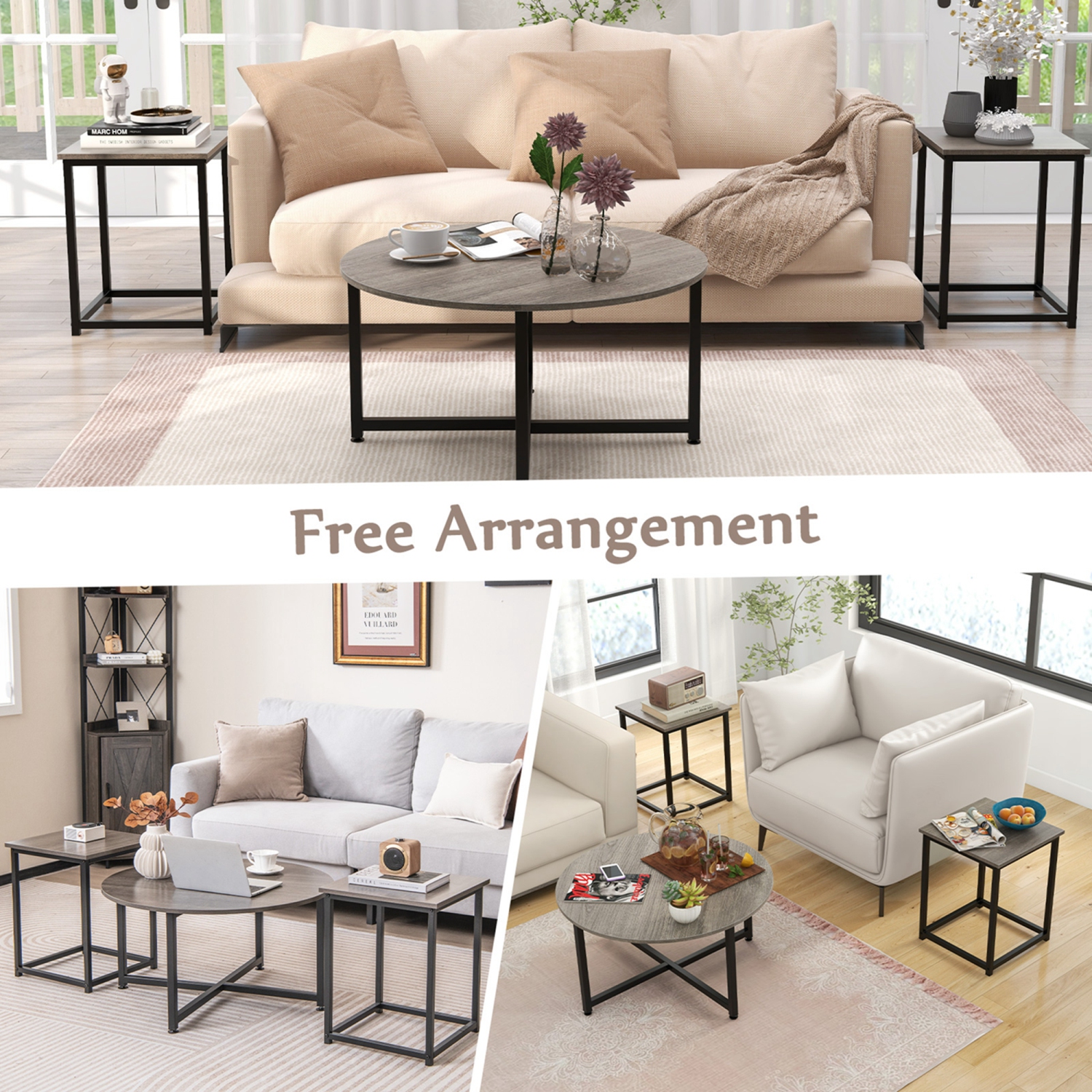 Costway 3 PCS Coffee Table Set Round Coffee Table and 2 PCS Square End Tables Metal Frame