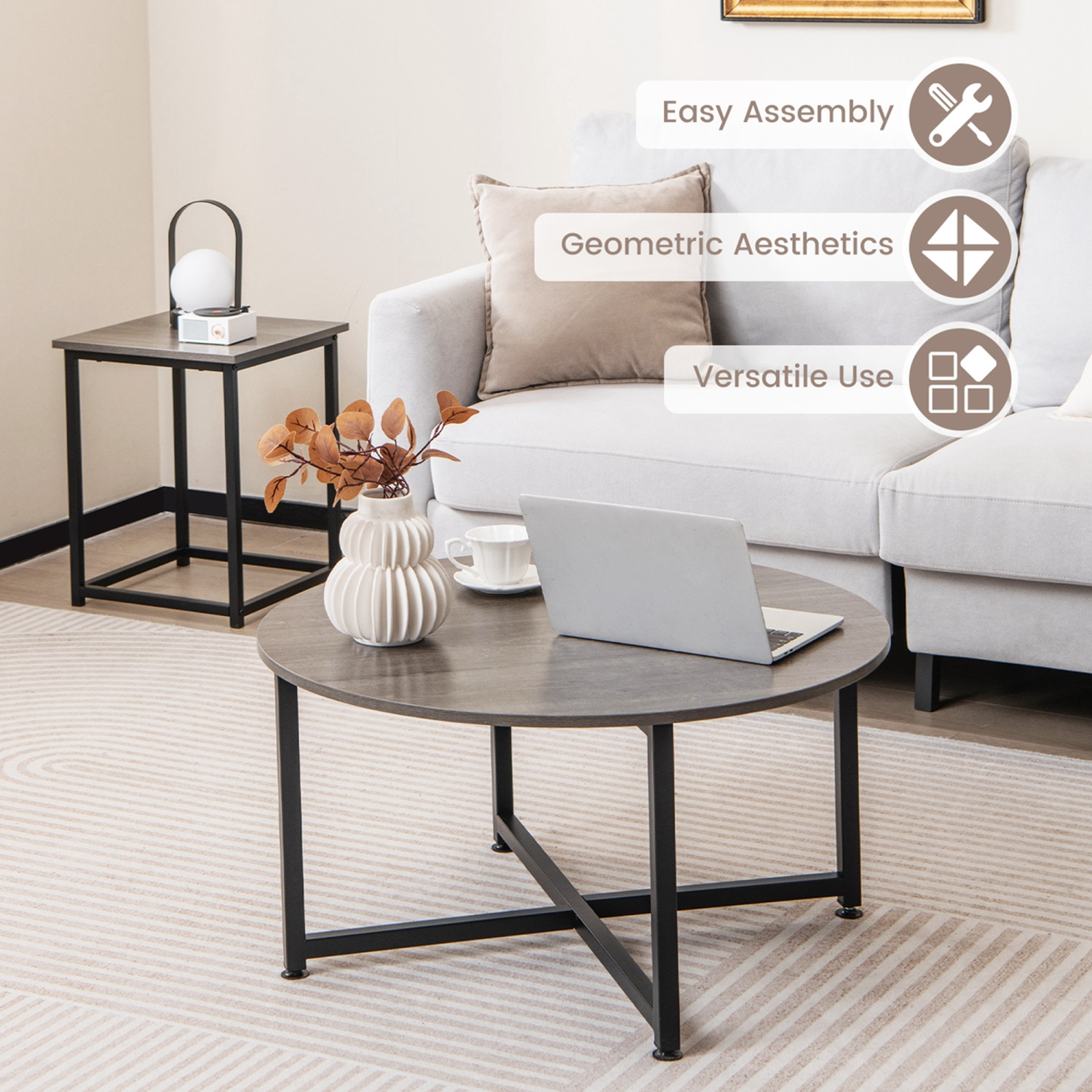 Costway 3 PCS Coffee Table Set Round Coffee Table and 2 PCS Square End Tables Metal Frame