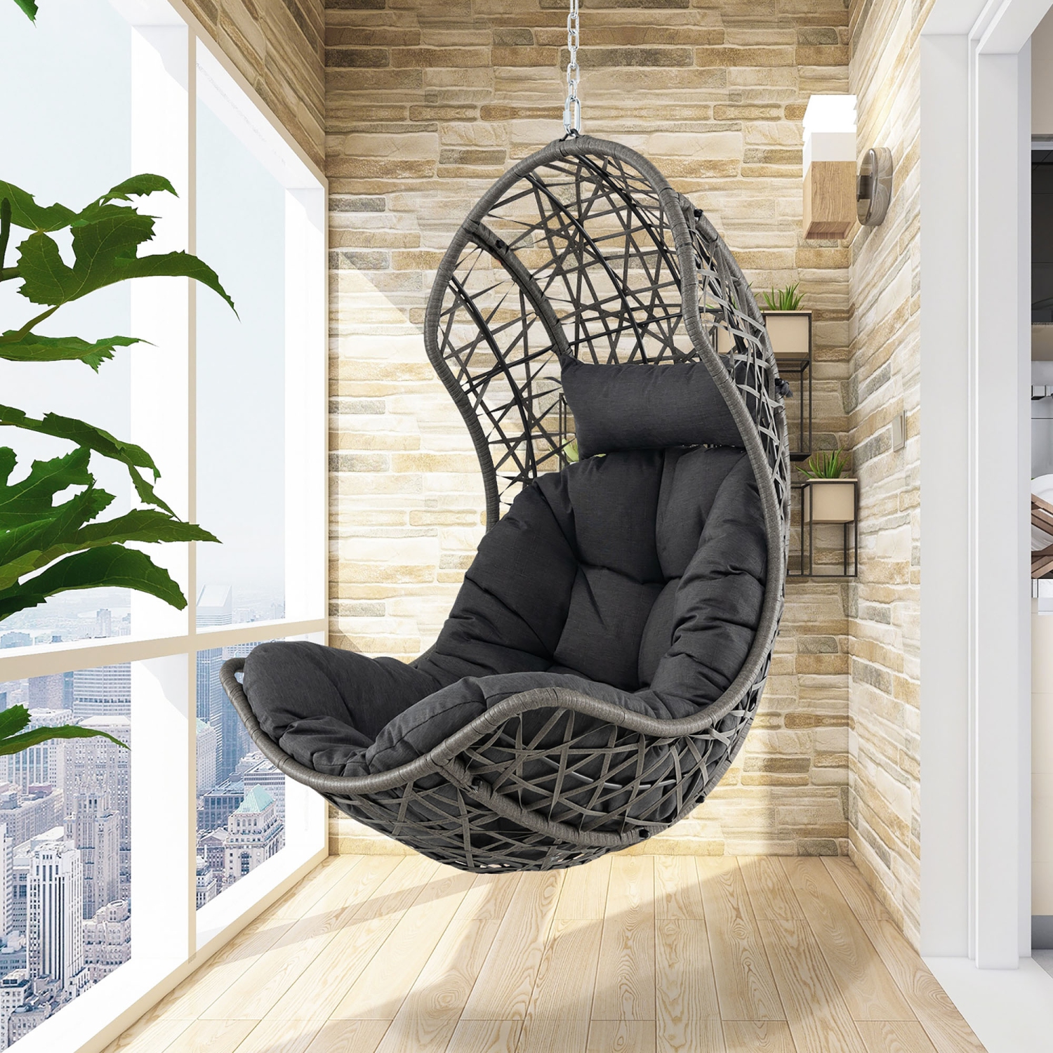 Gymax Hanging Egg Chair PE Rattan Swing Hammock Chair w/ Soft Pillow & Cushion