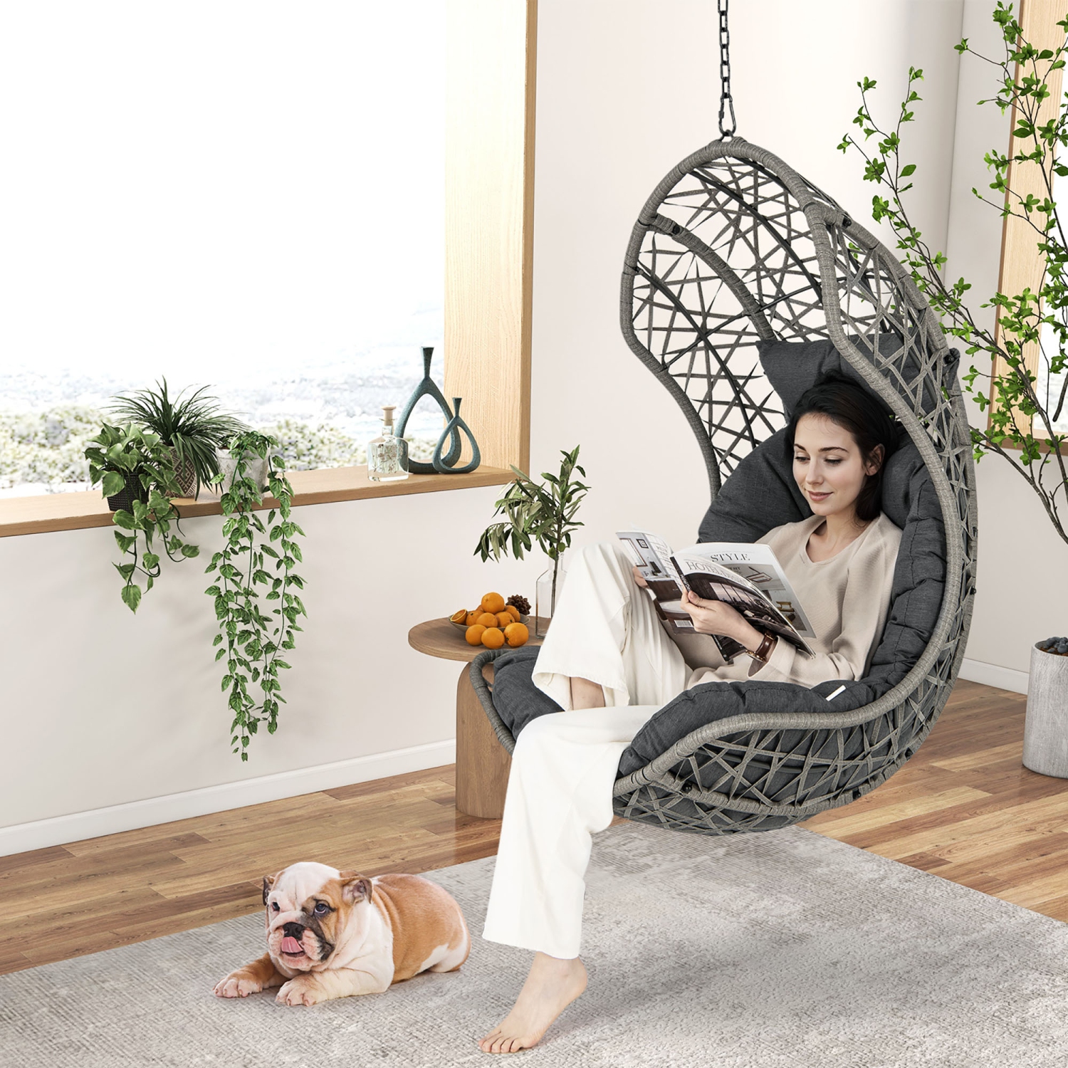Gymax Hanging Egg Chair PE Rattan Swing Hammock Chair w/ Soft Pillow & Cushion