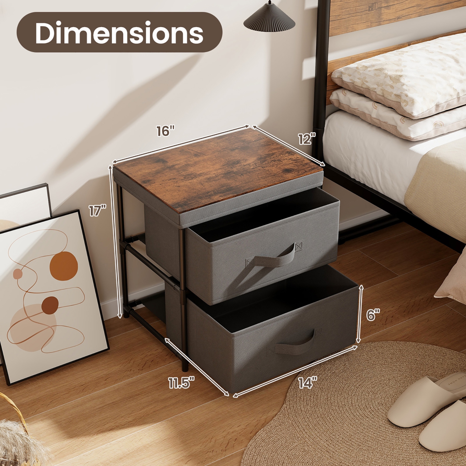 Gymax 2 Drawer Dresser Fabric Storage Organizer Nightstand Bedside Sofa Table Grey & Rustic Brown