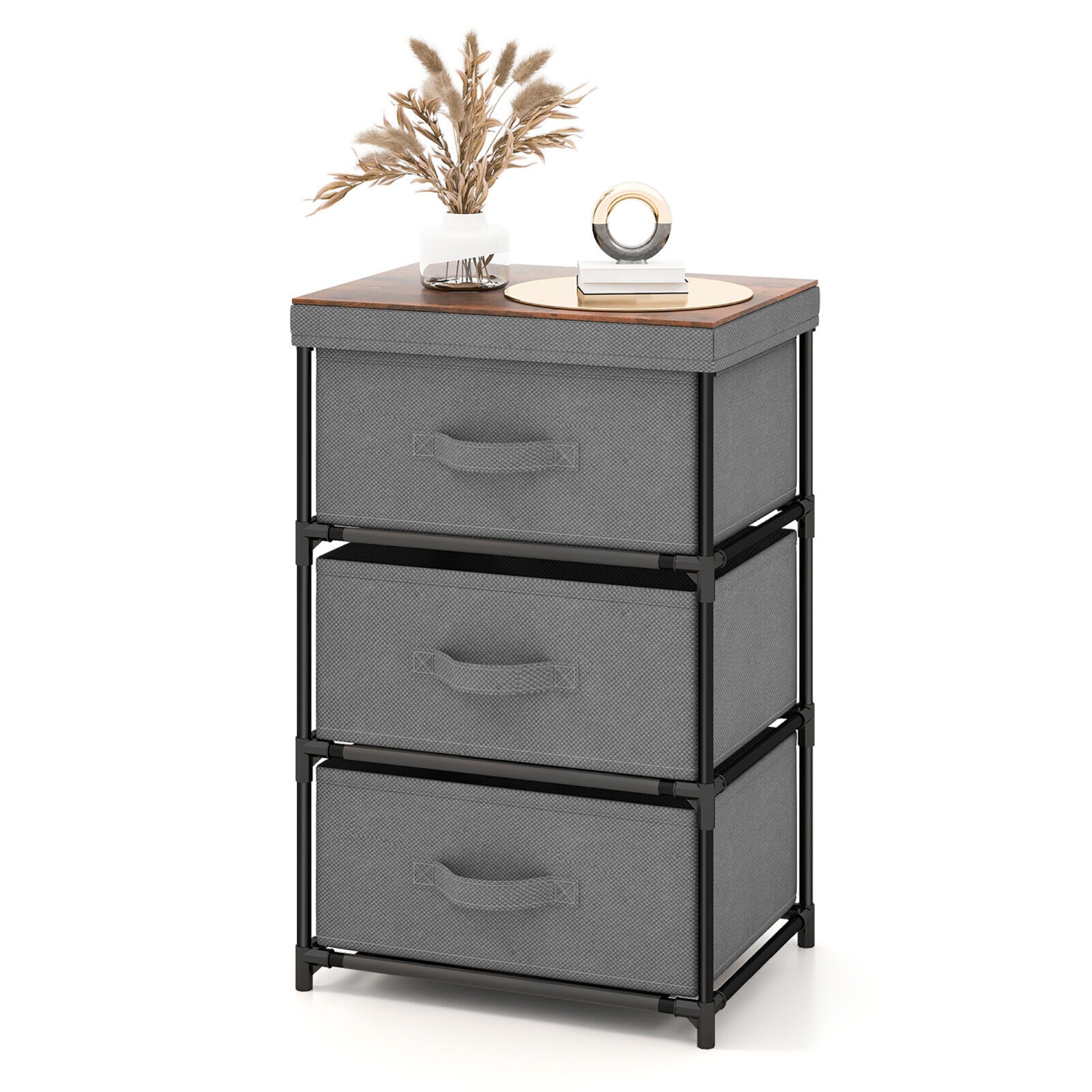 Gymax 3 Drawers Dresser Fabric Storage Tower Organizer Unit Tall Nightstand Side Table