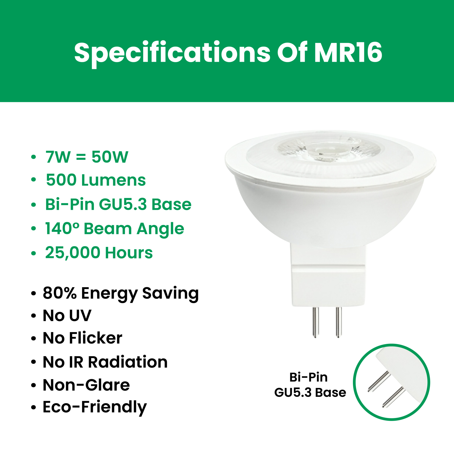 Dimmable MR16 LED Light Bulb 7W, 5000K Cool White 500LM, Non-Glare Bi-Pin GU5.3 Base, 140° Spotlight Bulb for Landscape and Track Lighting, (6 Pack)