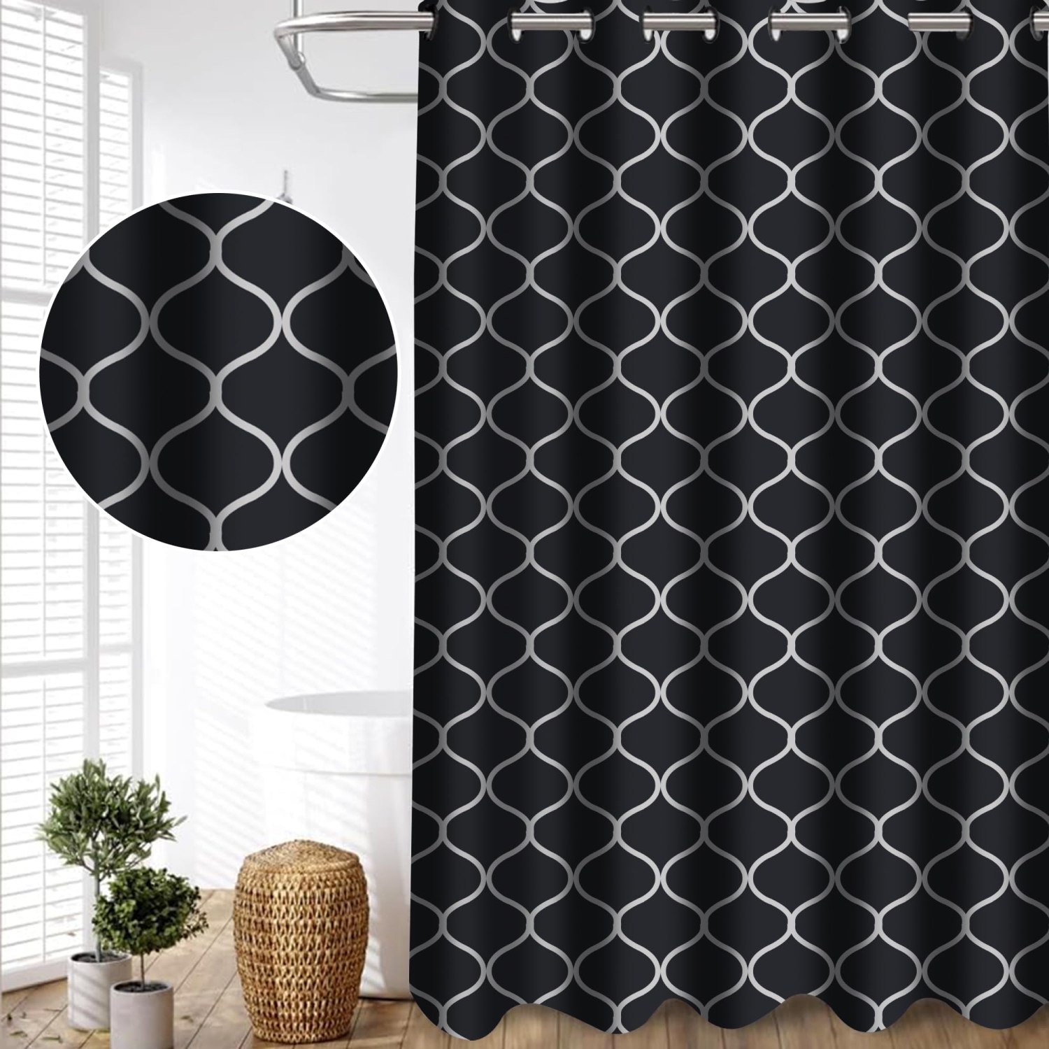 Canadian Linen Hookless Shower Curtains, 72"x72", Mildew Water Resistant Washable Polyester Bathtub Shower Curtains for Bathroom, Black Trellis