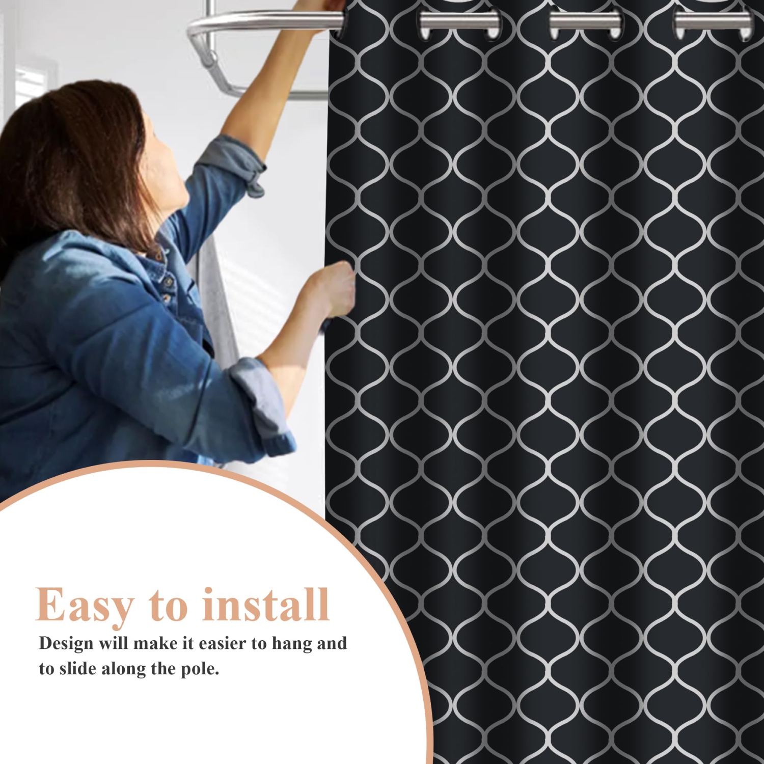 Canadian Linen Hookless Shower Curtains, 72"x72", Mildew Water Resistant Washable Polyester Bathtub Shower Curtains for Bathroom, Black Trellis