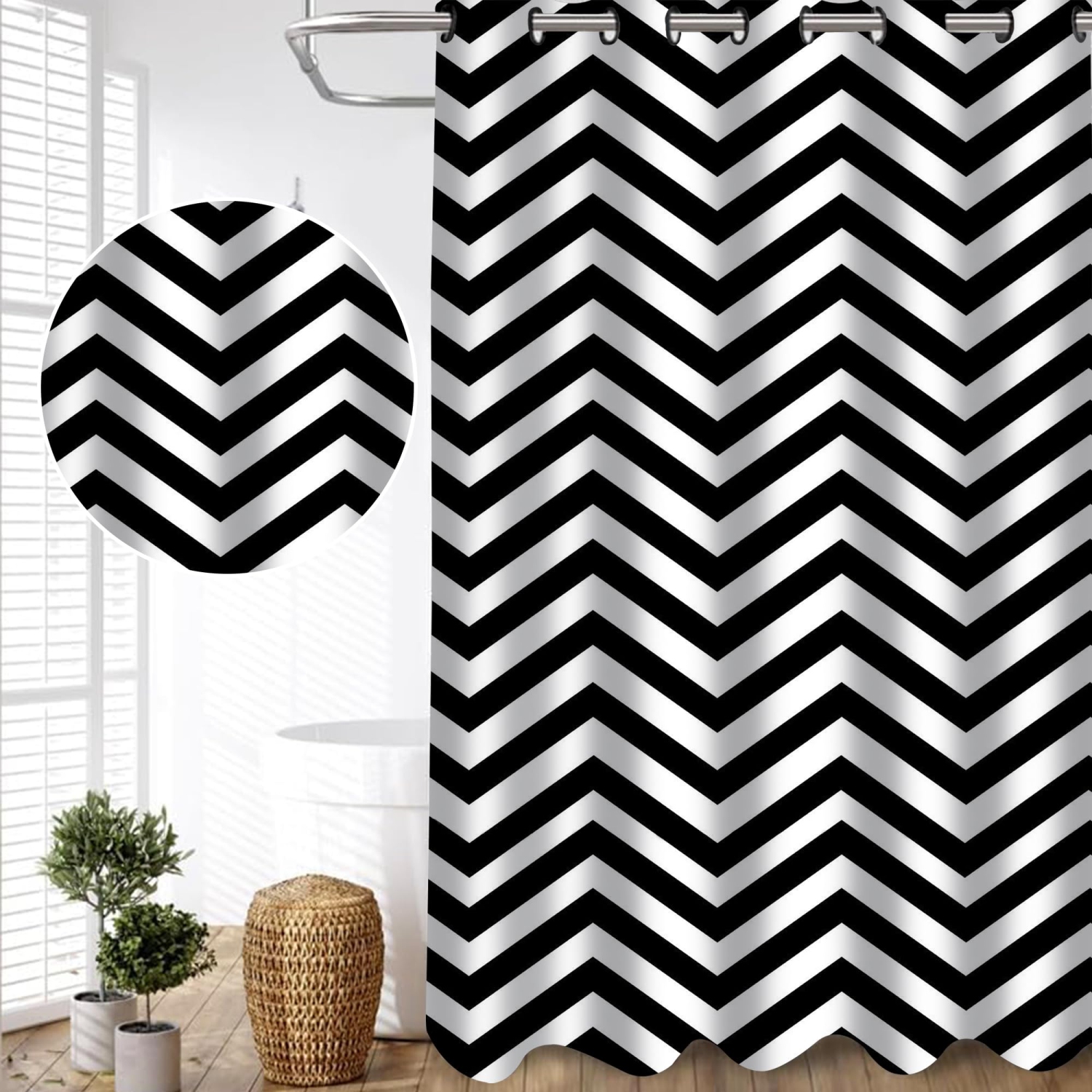 Canadian Linen Hookless Shower Curtains 72"x72" Mildew Water Resistant Polyester Bathtub Shower Curtains for Bathroom, Black & White Wave Pattern