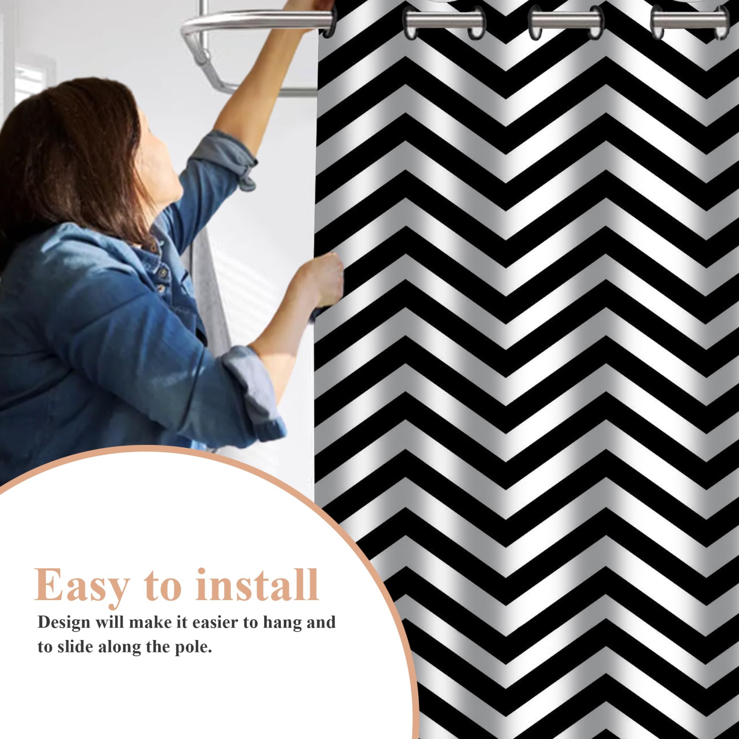 Canadian Linen Hookless Shower Curtains 72"x72" Mildew Water Resistant Polyester Bathtub Shower Curtains for Bathroom, Black & White Wave Pattern