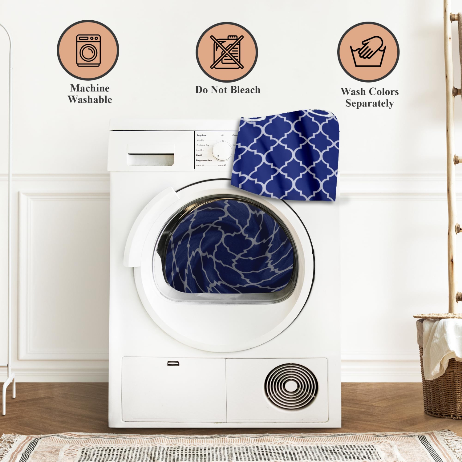 Canadian Linen Hookless Shower Curtains, 72"x72", Mildew Water Resistant Washable Polyester Bathtub Shower Curtains for Bathroom, Blue Trellis