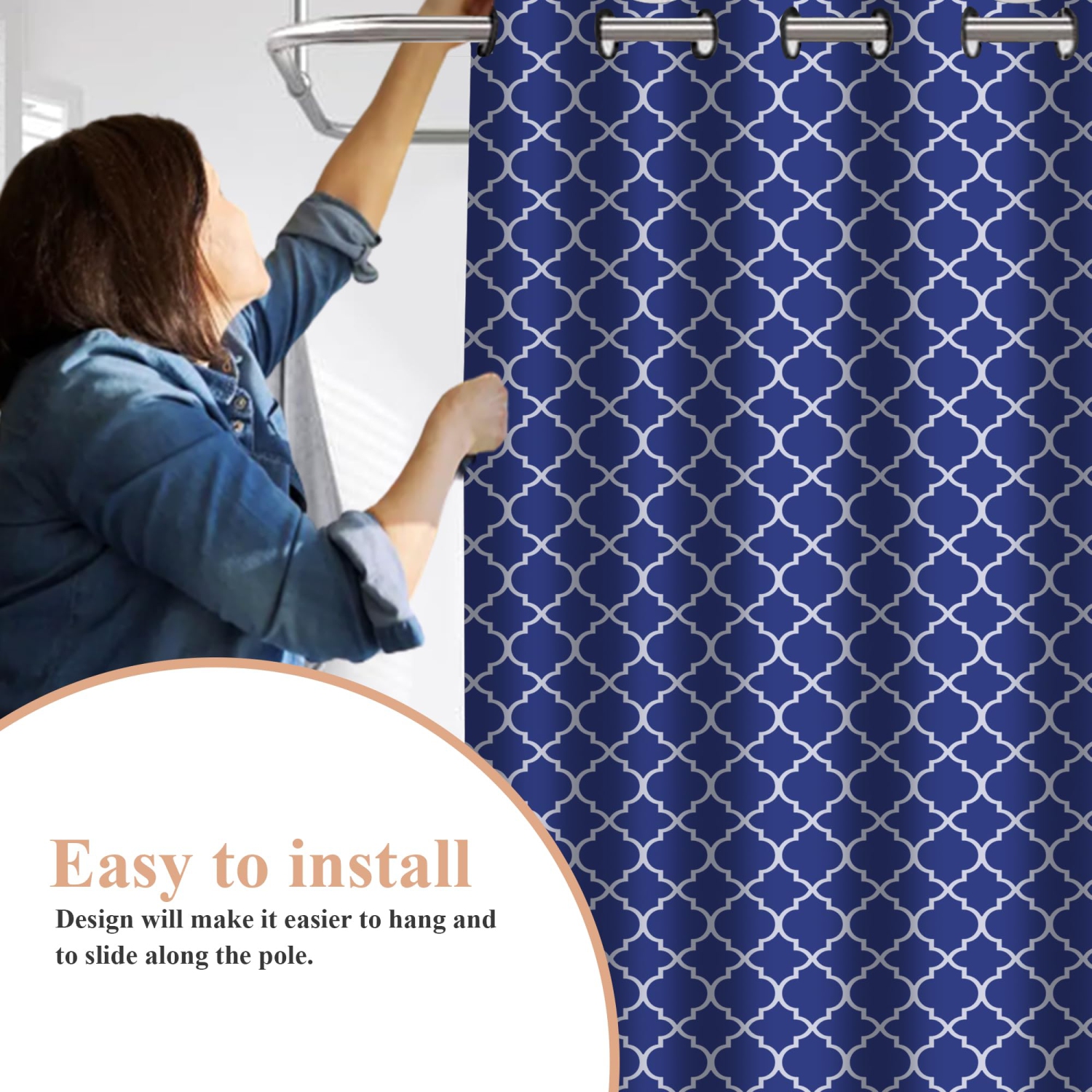 Canadian Linen Hookless Shower Curtains, 72"x72", Mildew Water Resistant Washable Polyester Bathtub Shower Curtains for Bathroom, Blue Trellis