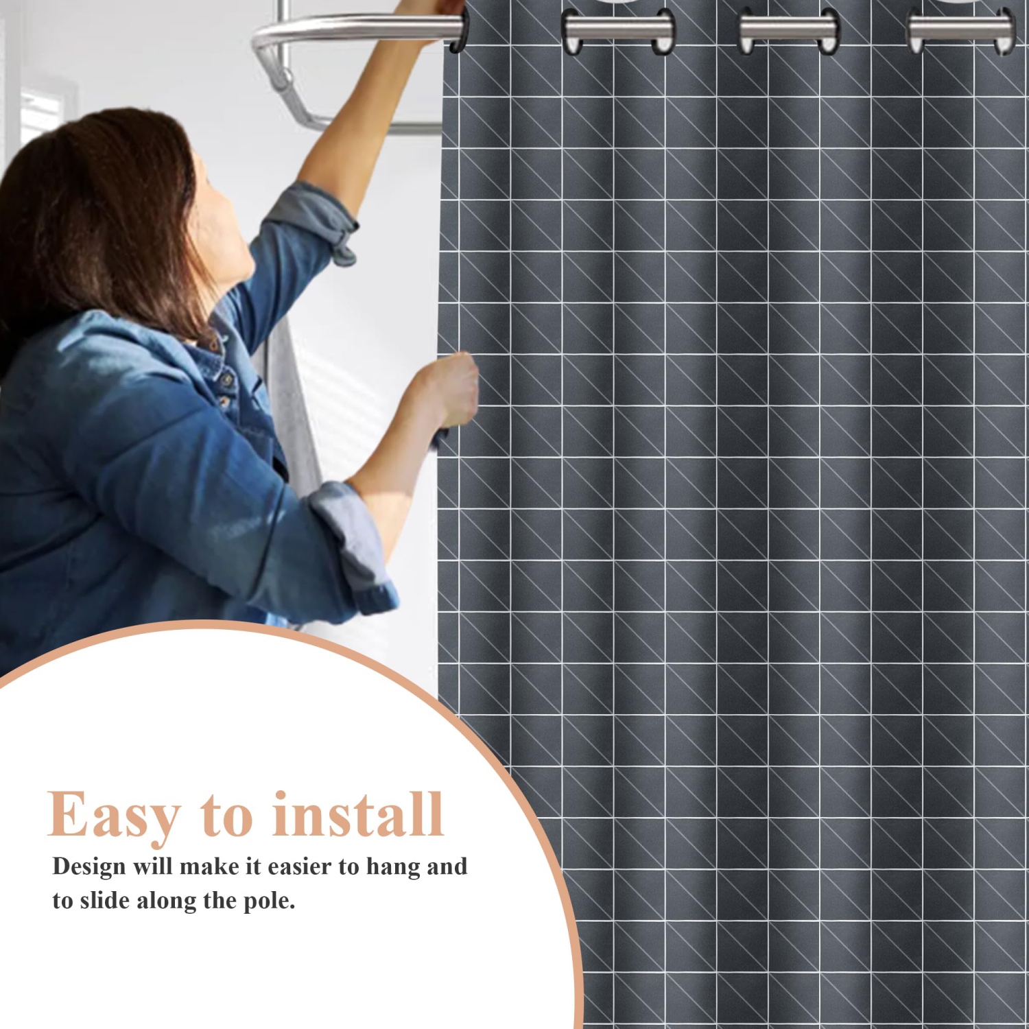 Canadian Linen Hookless Shower Curtains, 72"x72", Mildew Water Resistant Washable Polyester Bathtub Shower Curtains for Bathroom, Black Box