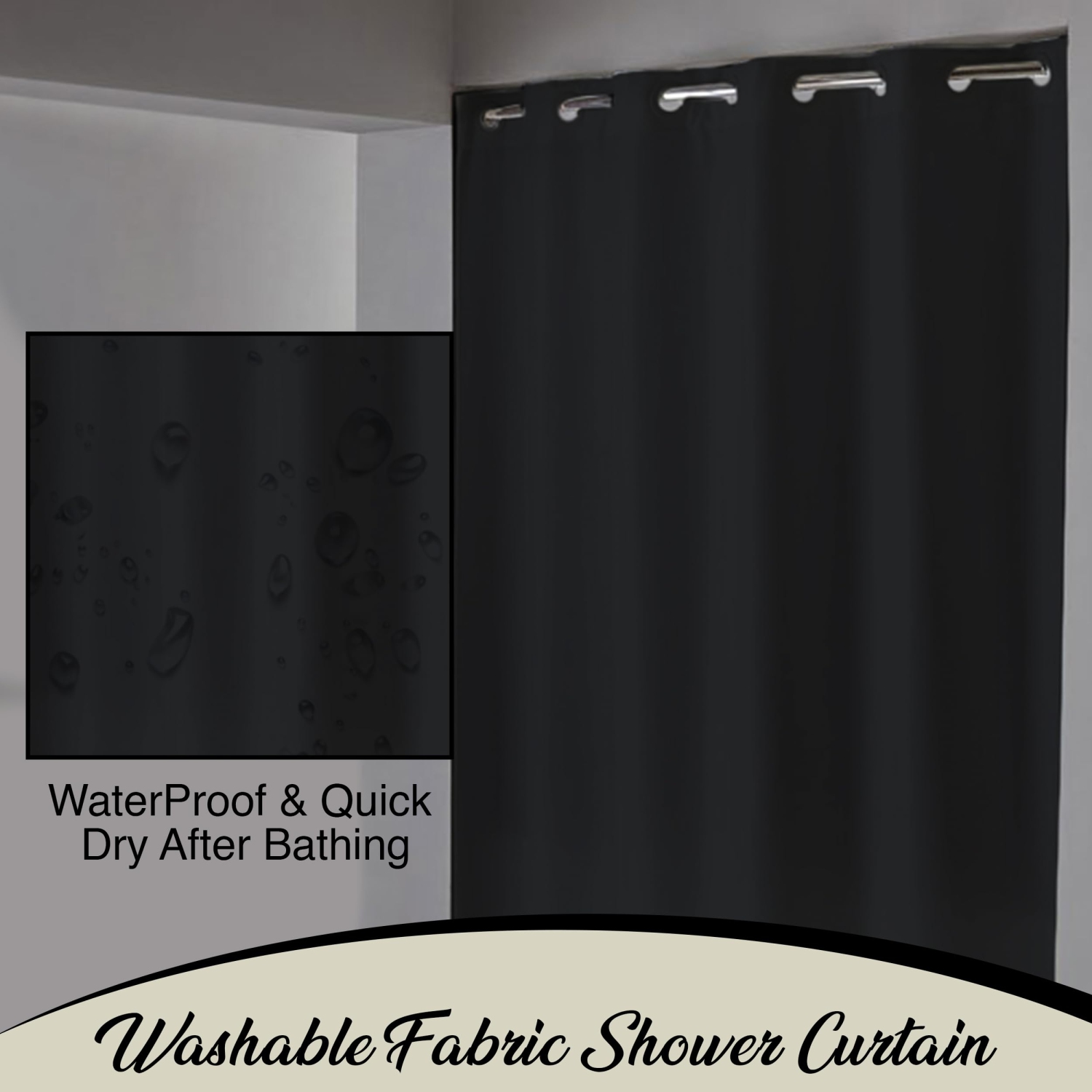 Canadian Linen Hookless Shower Curtains, 72"x72", Mildew Water Resistant Washable Polyester Bathtub C-Clip Magnet Bottom Shower Curtains, Black