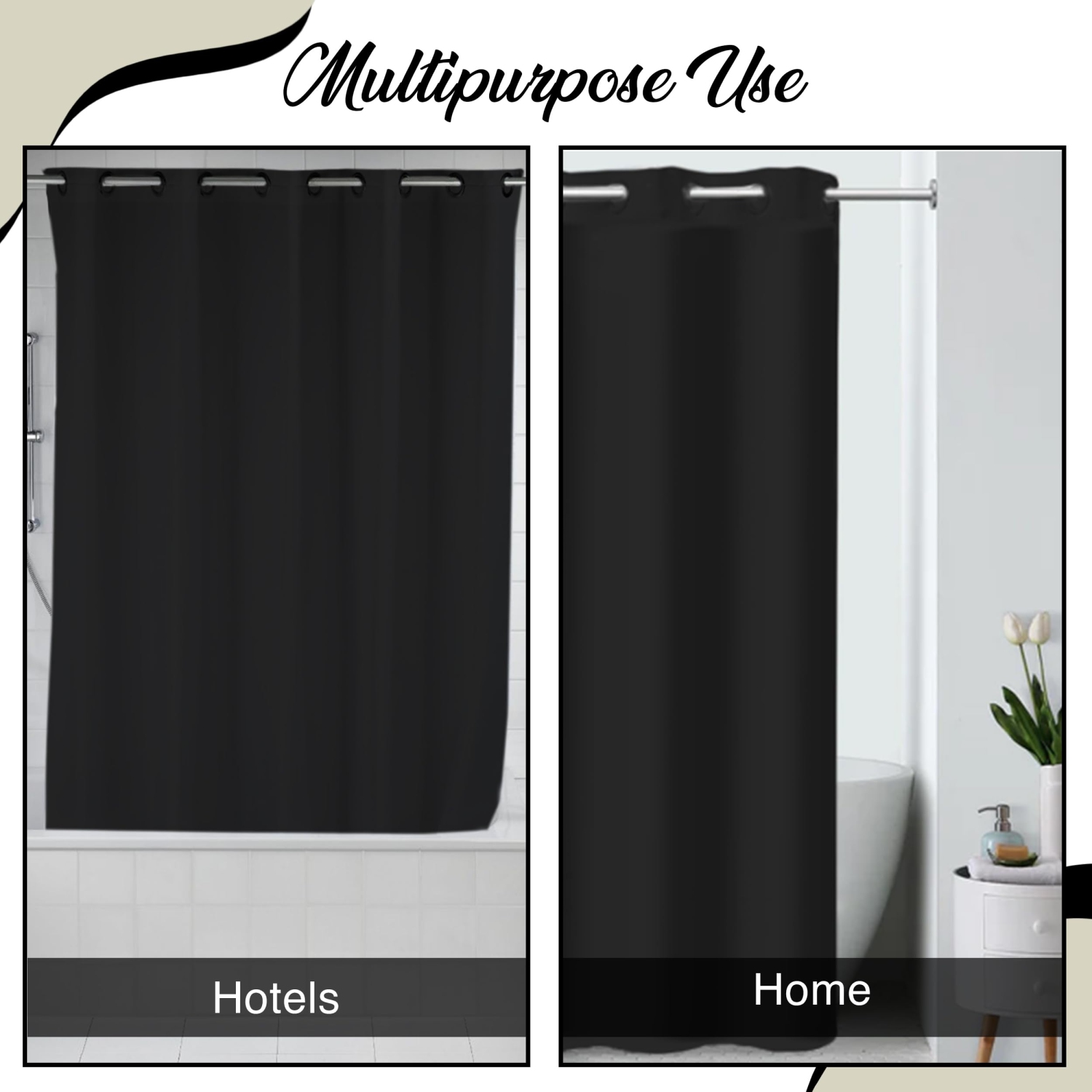 Canadian Linen Hookless Shower Curtains, 72"x72", Mildew Water Resistant Washable Polyester Bathtub C-Clip Magnet Bottom Shower Curtains, Black