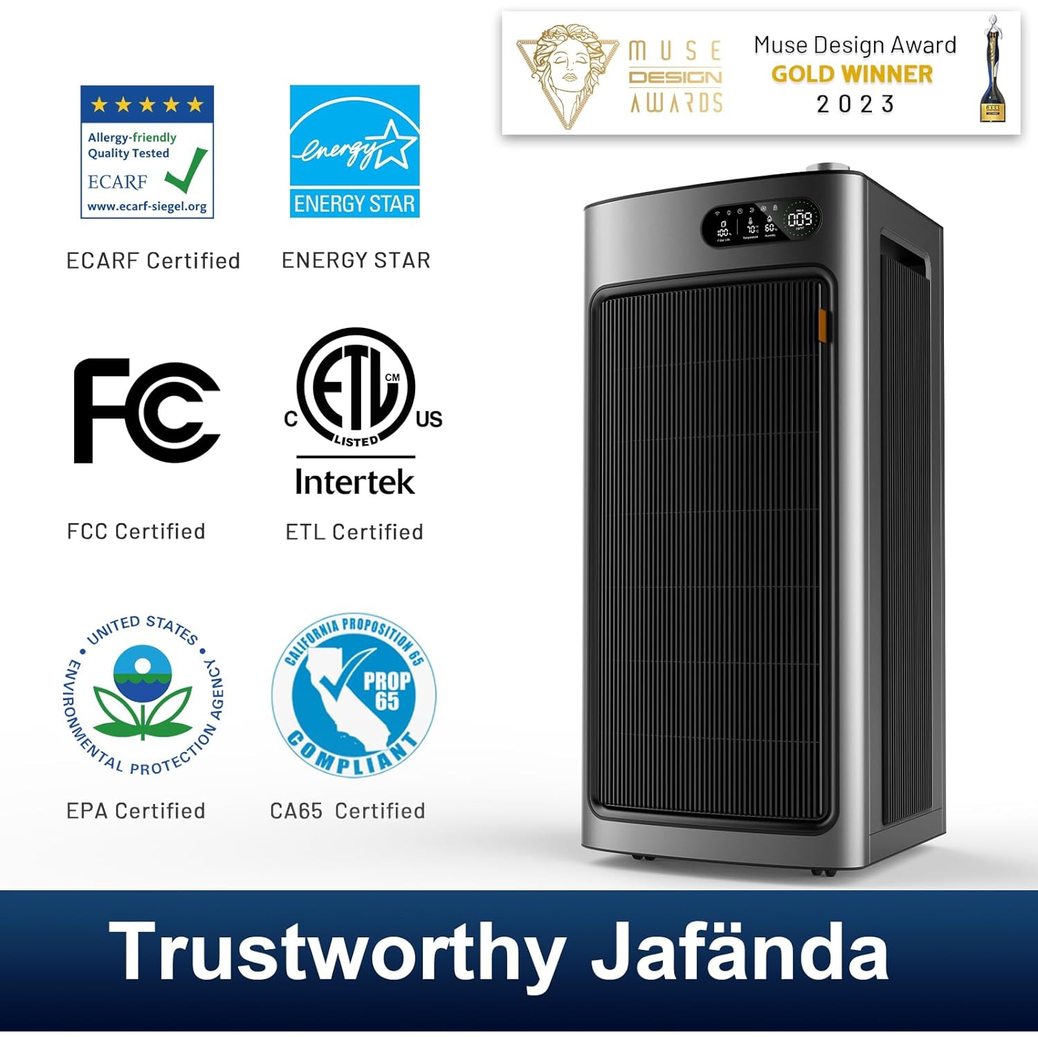 Jafända Smart Air Purifier Large Room 6862 sq ft, Dual Filtration HEPA & Act. Carbon Filters, Air Cleaner Dust, Pollen, Smoke, mold, Allergies,