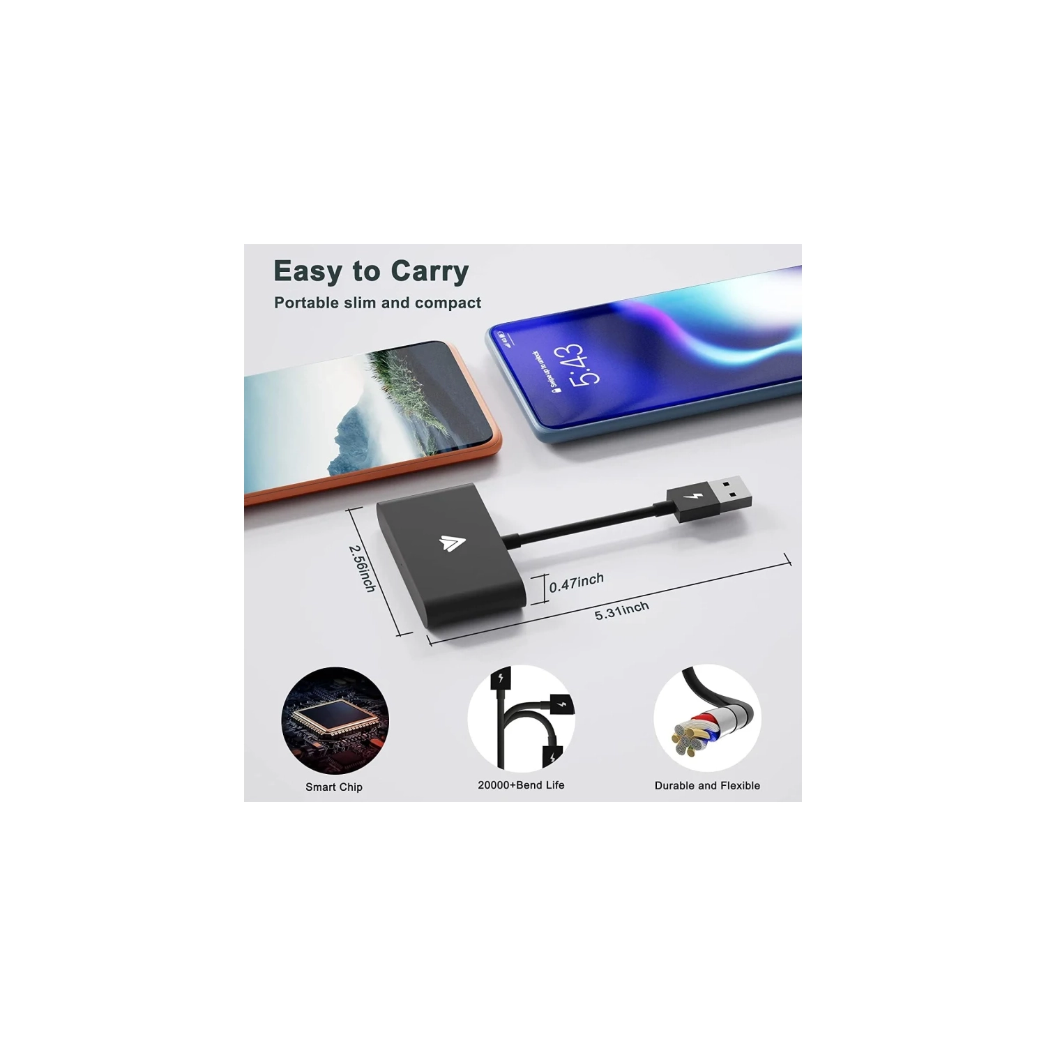 Adaptateur sans fil automatique Android, clé 2&nbsp;A pour voitures et systèmes stéréo avec fil Android Auto, Plug & Play, configuration sans fil