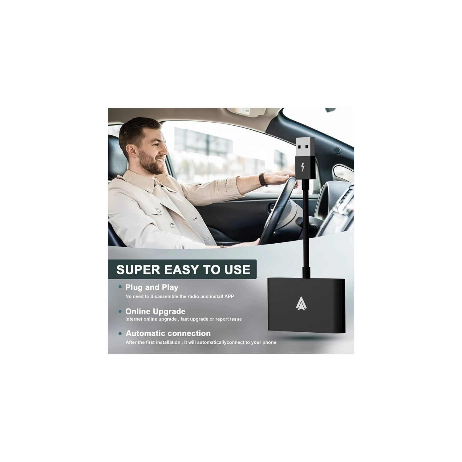 Adaptateur sans fil automatique Android, clé 2&nbsp;A pour voitures et systèmes stéréo avec fil Android Auto, Plug & Play, configuration sans fil