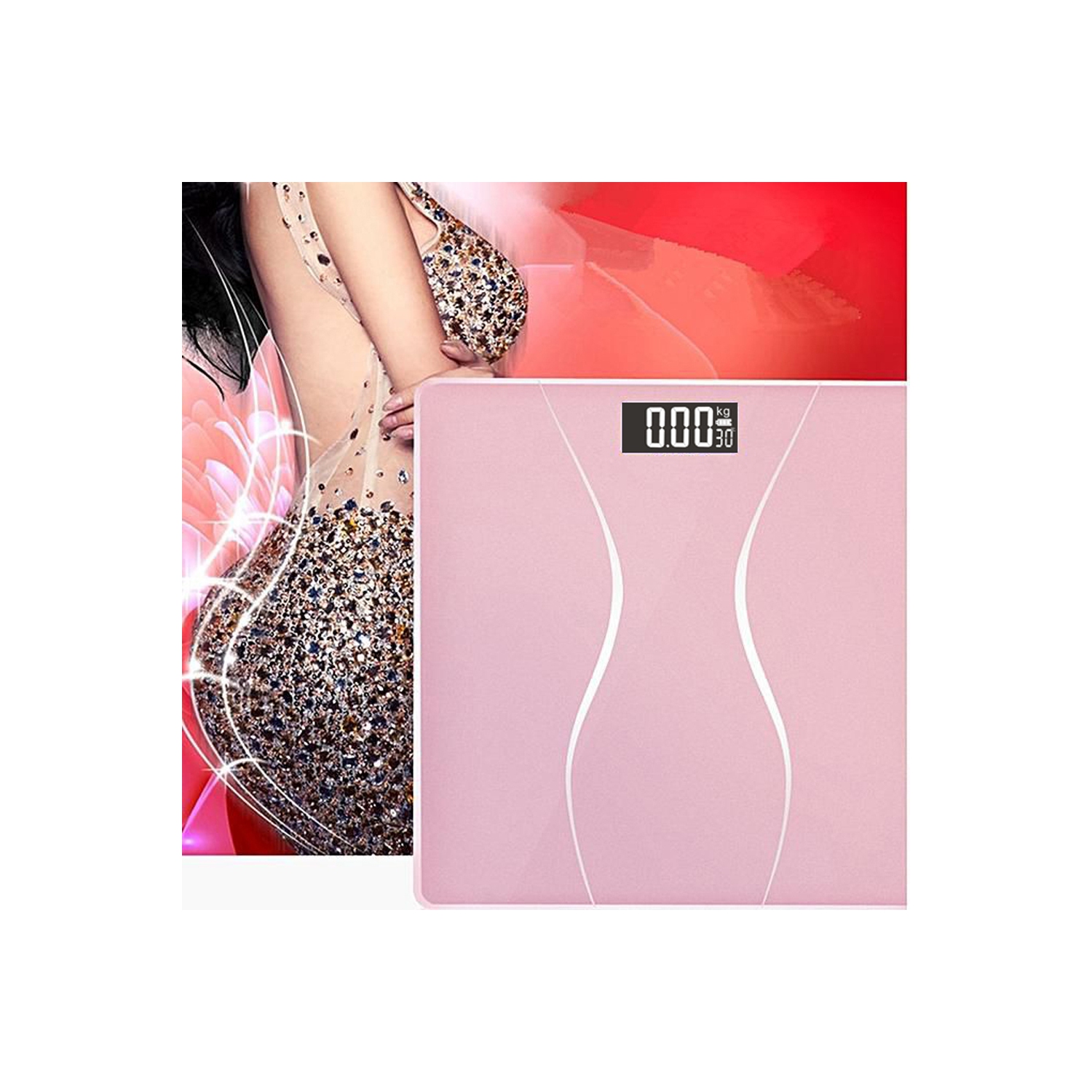 Pèse-personne numérique rose pour salle de bain KUNOVA avec technologie Smart Step-on, écran DEL blanc rétroéclairé, température ambiante, niveau de