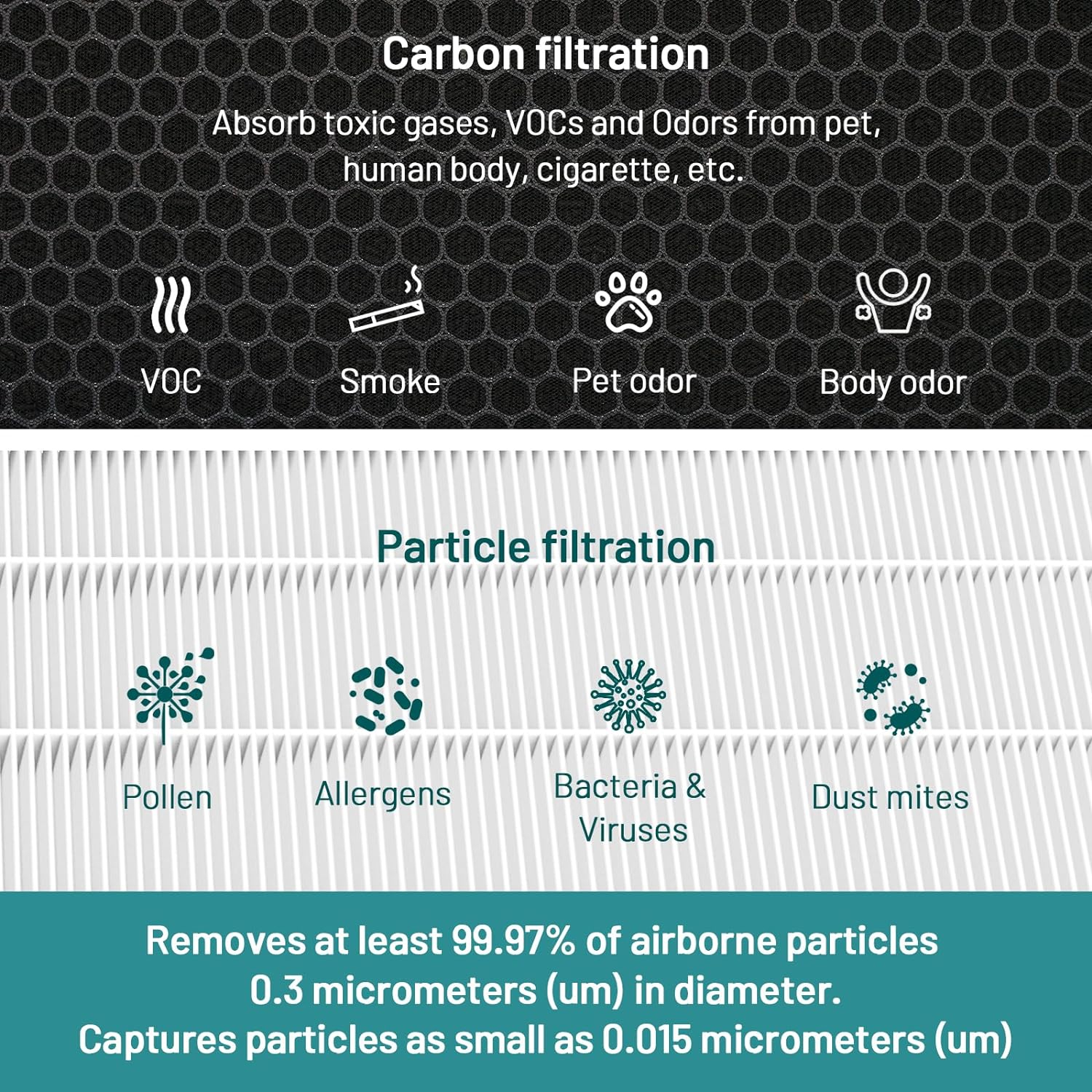 Jafända JF888 2 Pack Replacement Filter, H13 True HEPA Filter, with 2.12 lb Act. Carbon, Pollen Dust Pet Odor VOCs Allergies Smoke, Households with