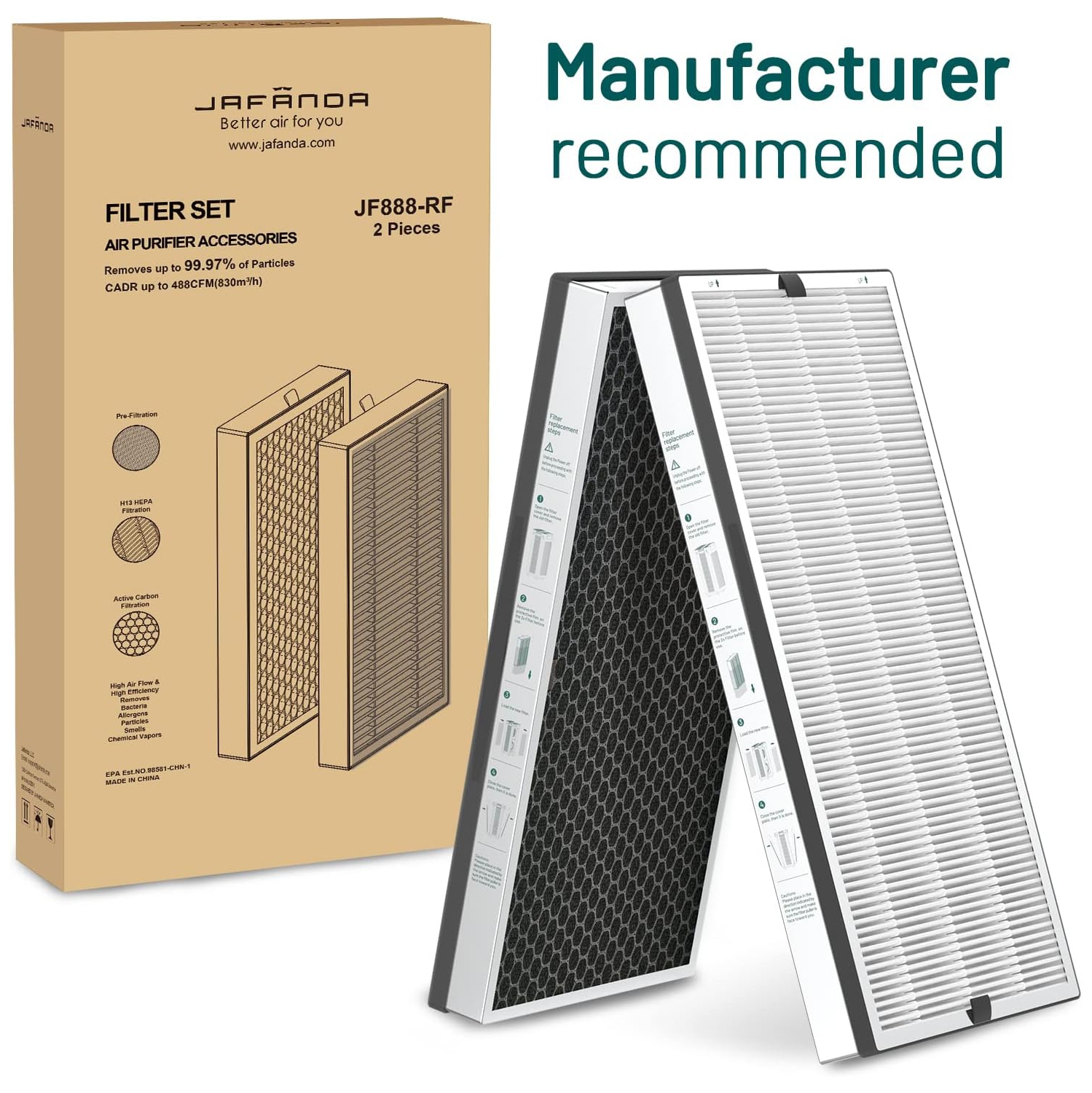Jafända JF888 2 Pack Replacement Filter, H13 True HEPA Filter, with 2.12 lb Act. Carbon, Pollen Dust Pet Odor VOCs Allergies Smoke, Households with