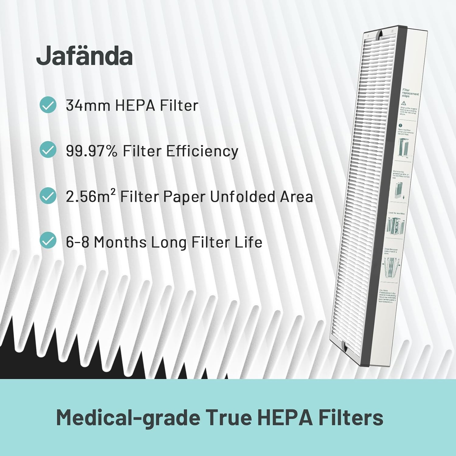 Jafända Air Filter Replacement for JF999 Air Purifier, 3-in-1 True HEPA Filter, 1.68 lb Activated Carbon, 2 Pack