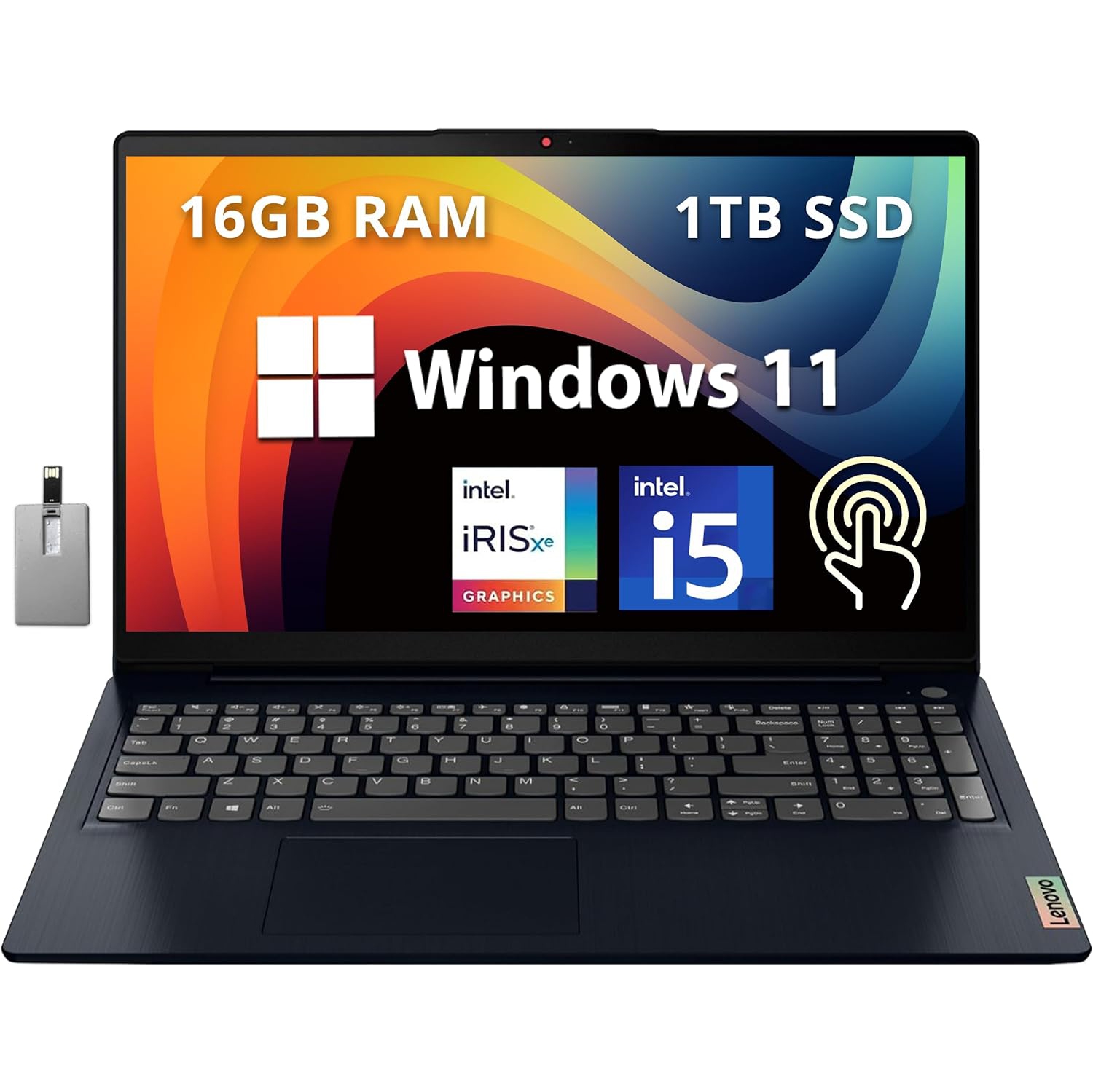Lenovo IdeaPad 3i 15.6" FHD Touchscreen Laptop, Intel Core i5-1155G7,1TB PCIe SSD, 16GB RAM, Intel Iris Xe Graphics, HD Webcam, Win 11, Abyss Blue, 32GB Hotface USB Card