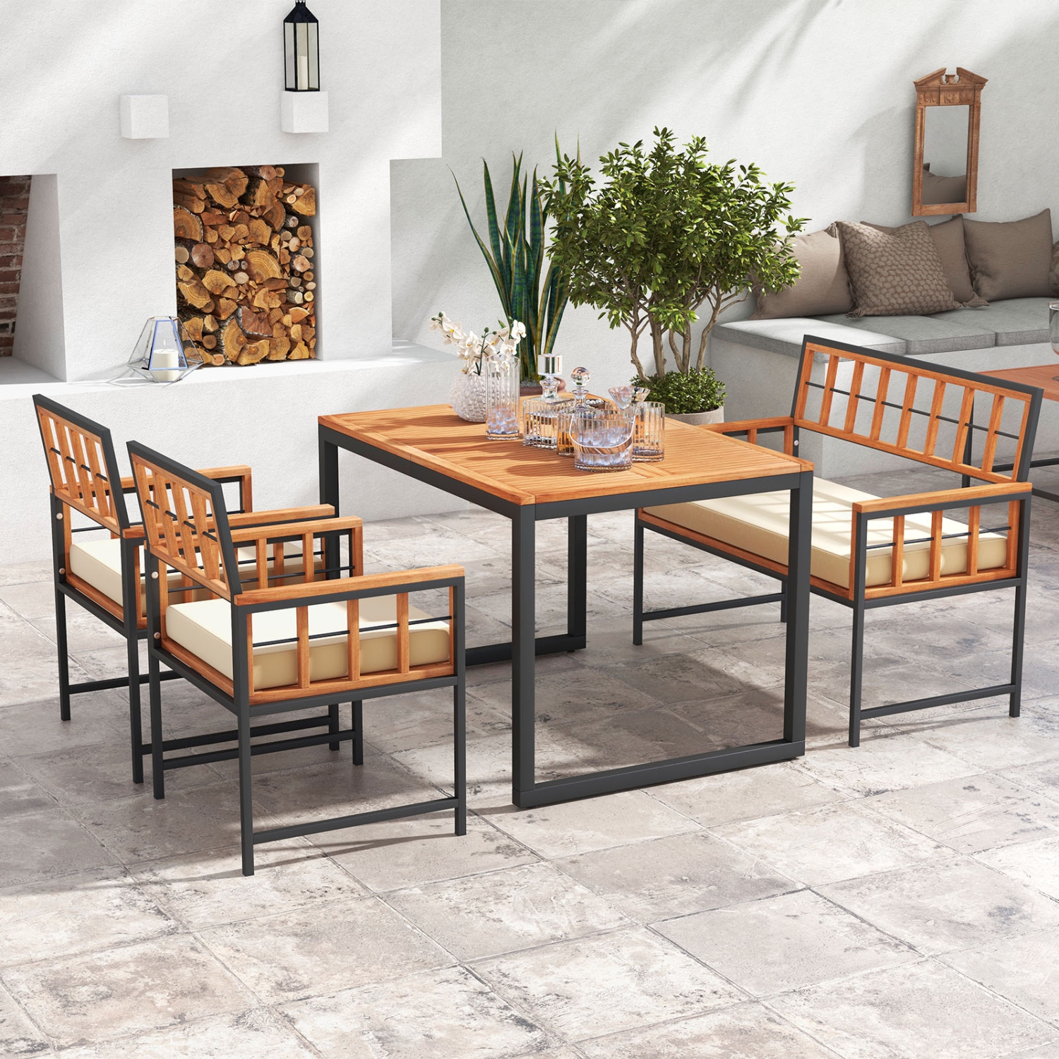 Costway 4 Piece Patio Dining Set Outdoor Wood Dining Furniture with 2 Chairs & 1 Loveseat