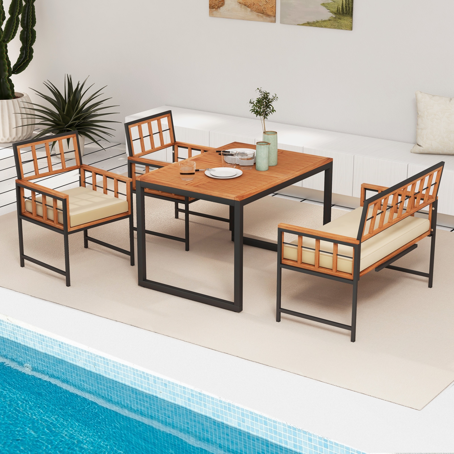 Costway 4 Piece Patio Dining Set Outdoor Wood Dining Furniture with 2 Chairs & 1 Loveseat