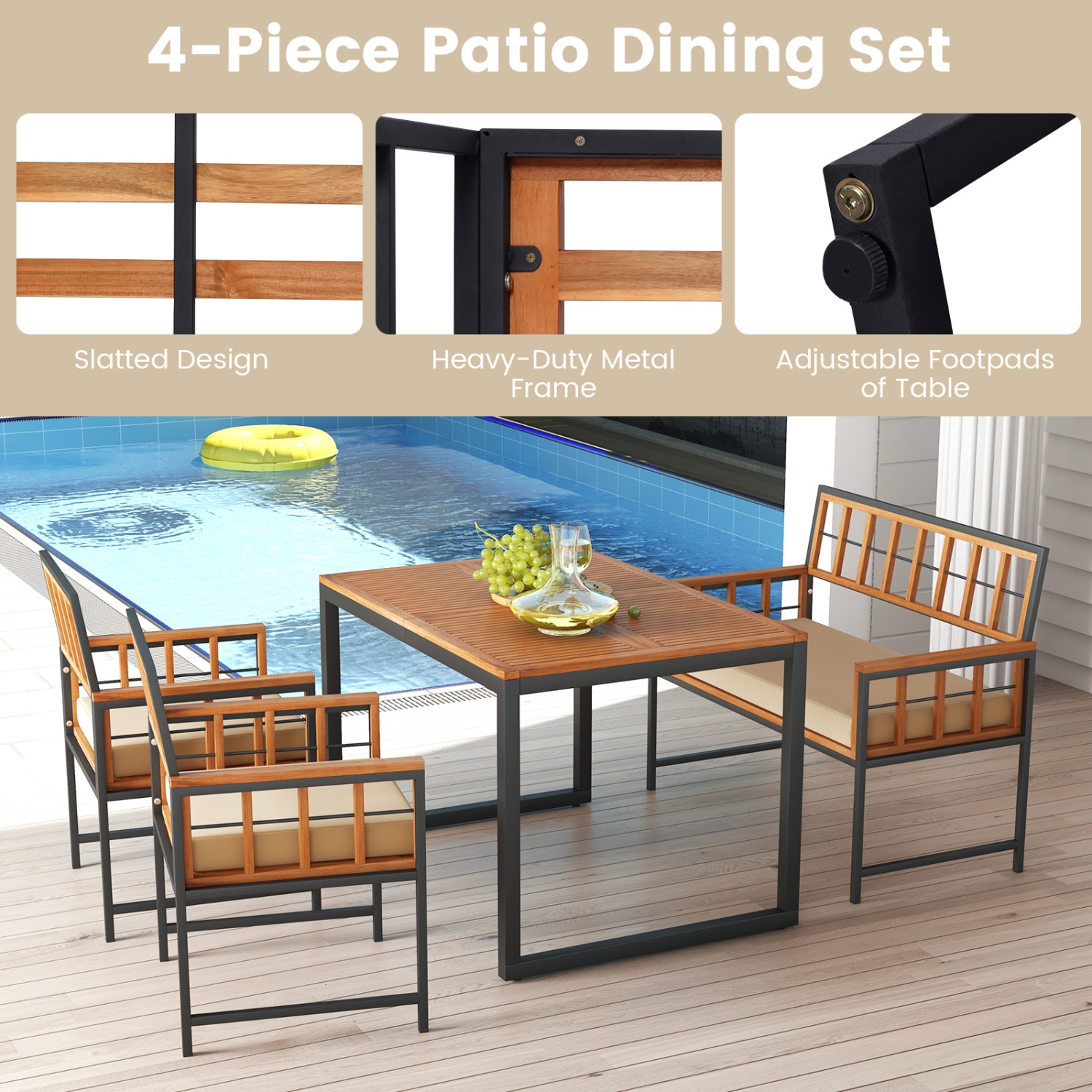 Costway 4 Piece Patio Dining Set Outdoor Wood Dining Furniture with 2 Chairs & 1 Loveseat