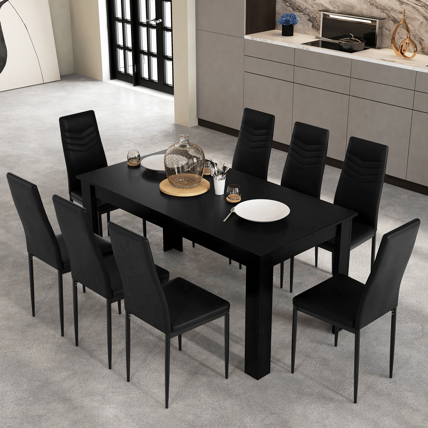 Costway Modern Rectangular Kitchen Table Set with 8 PVC Leather Dining Chairs Black