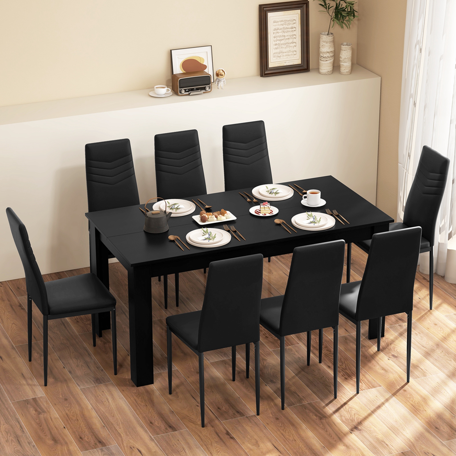 Costway Modern Rectangular Kitchen Table Set with 8 PVC Leather Dining Chairs Black