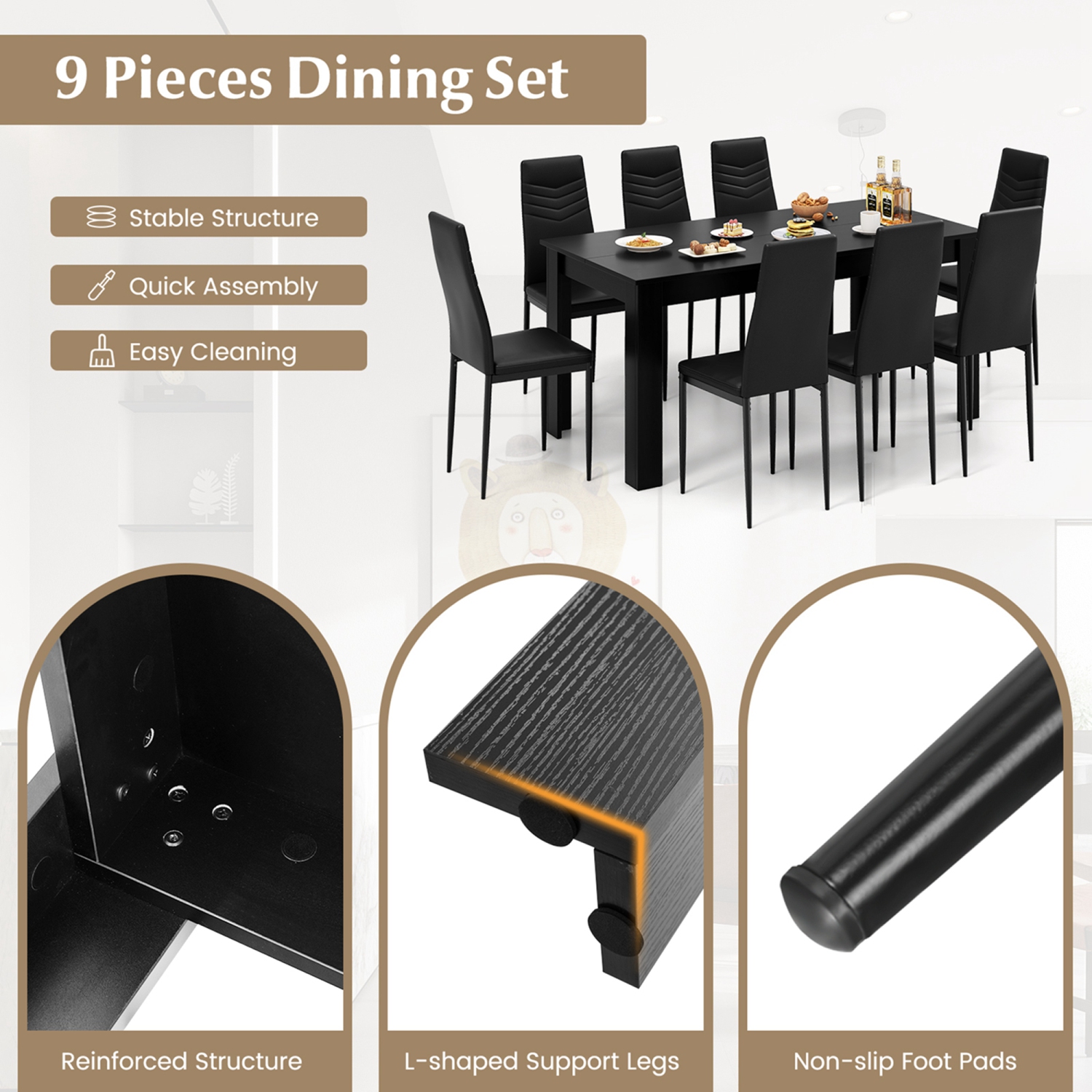 Costway Modern Rectangular Kitchen Table Set with 8 PVC Leather Dining Chairs Black
