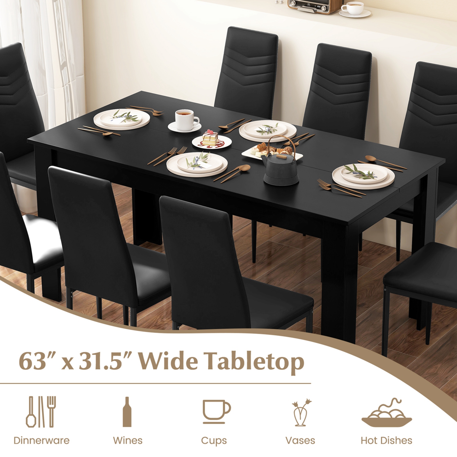 Costway Modern Rectangular Kitchen Table Set with 8 PVC Leather Dining Chairs Black