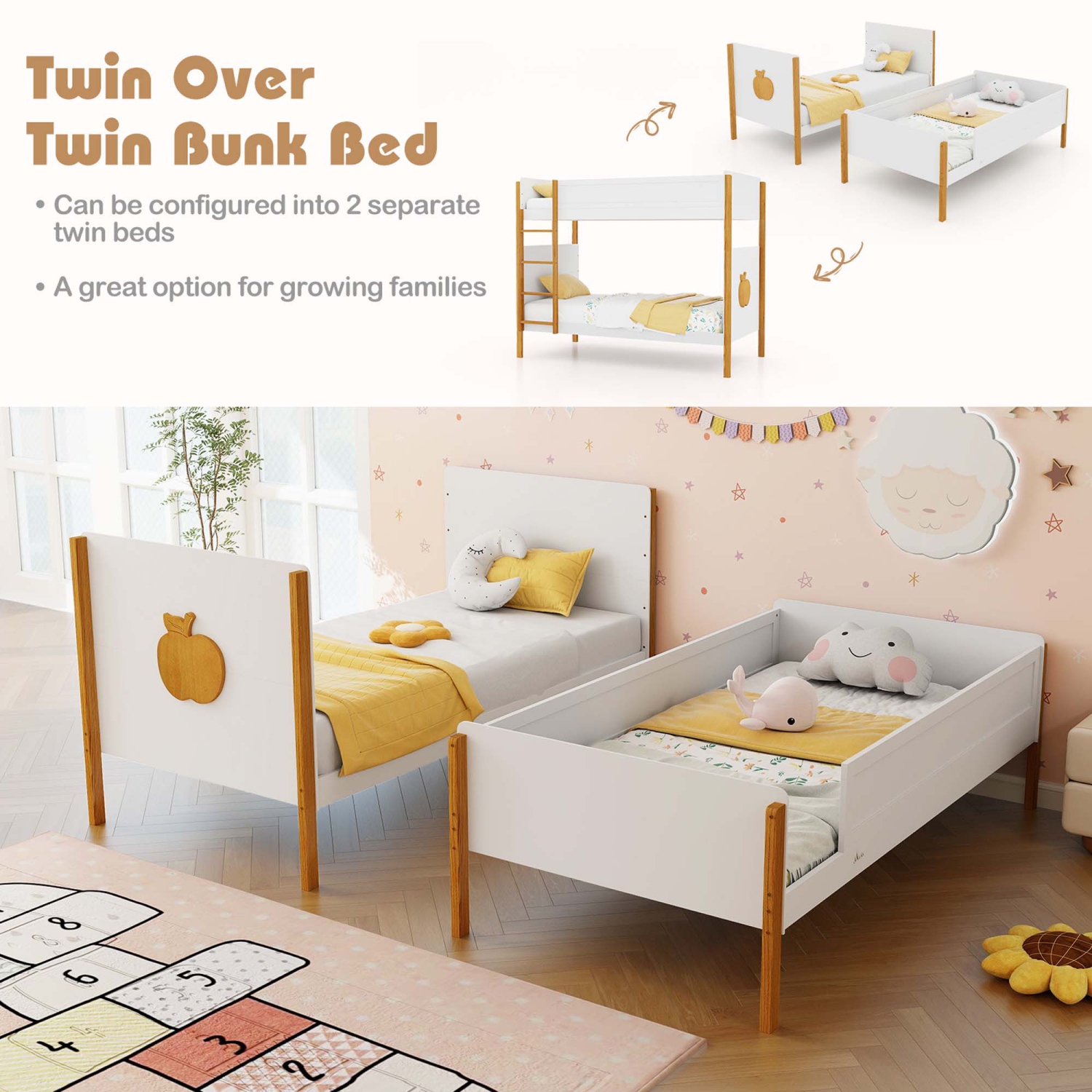 Costway 2-in-1 Twin Over Bunk Bed Frame with Integrated Ladder & Safety Guardrails