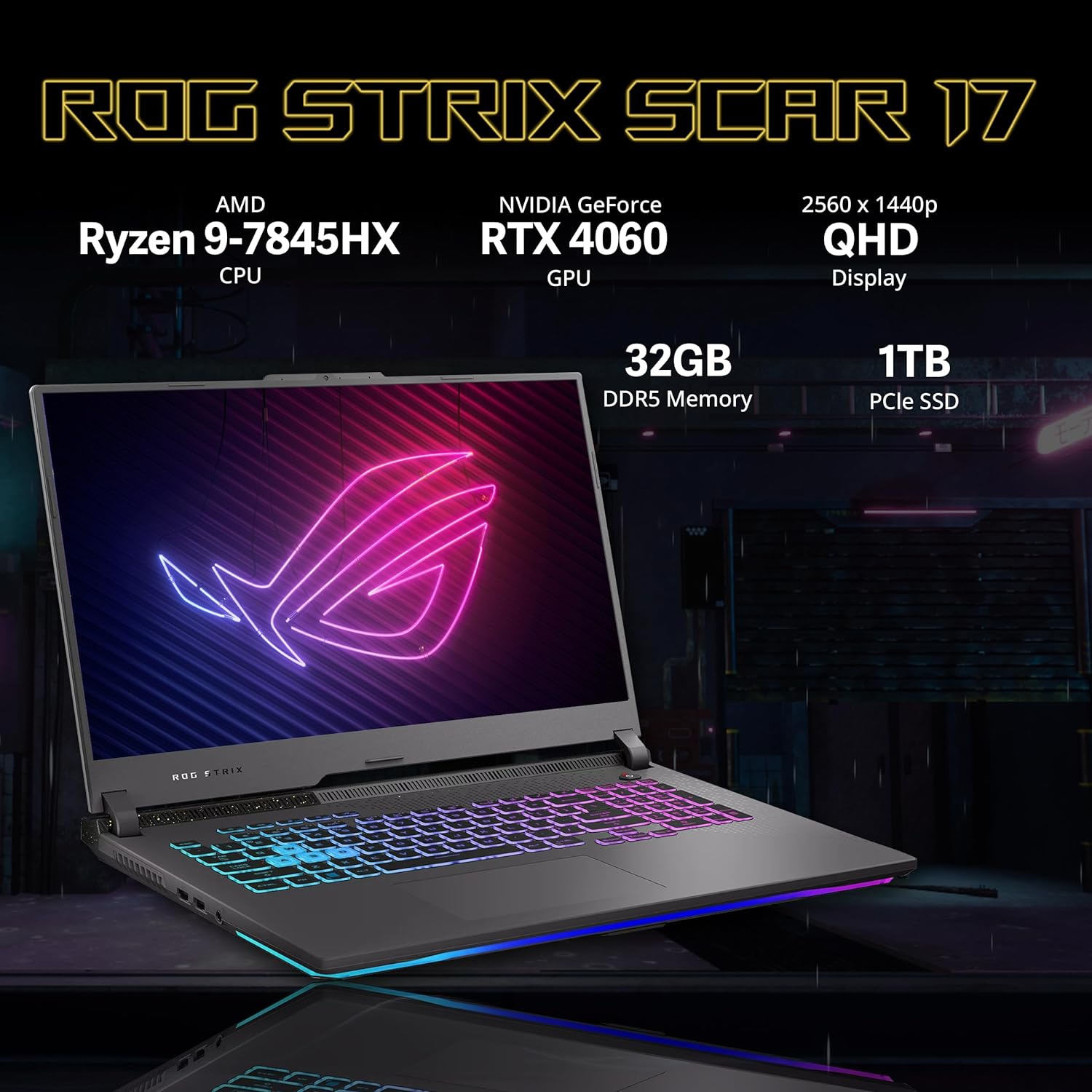 ASUS ROG Strix G17 Gaming Laptop, 17.3" QHD 240Hz Display, AMD Ryzen 9 7845HX, GeForce RTX 4060, 1TB SSD, 32GB DDR5, RGB Backlit Keyboard, Win 11