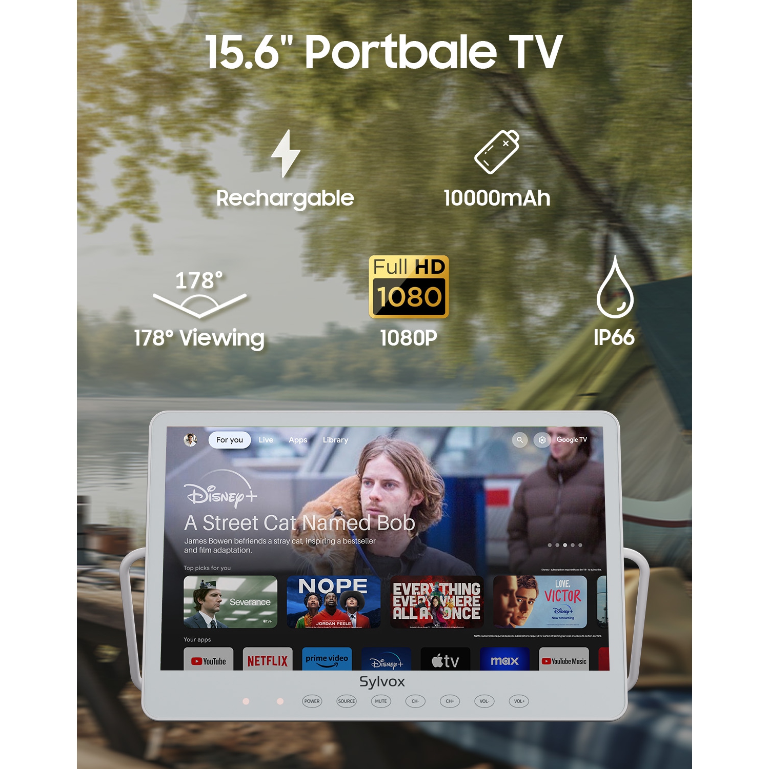 SYLVOX 15.6'' Portable TV, IP66 Waterproof, 1080P Small Smart Television with Premium Sound and Google Assistant Remote | 4.5-6H Battery, 10000mAh