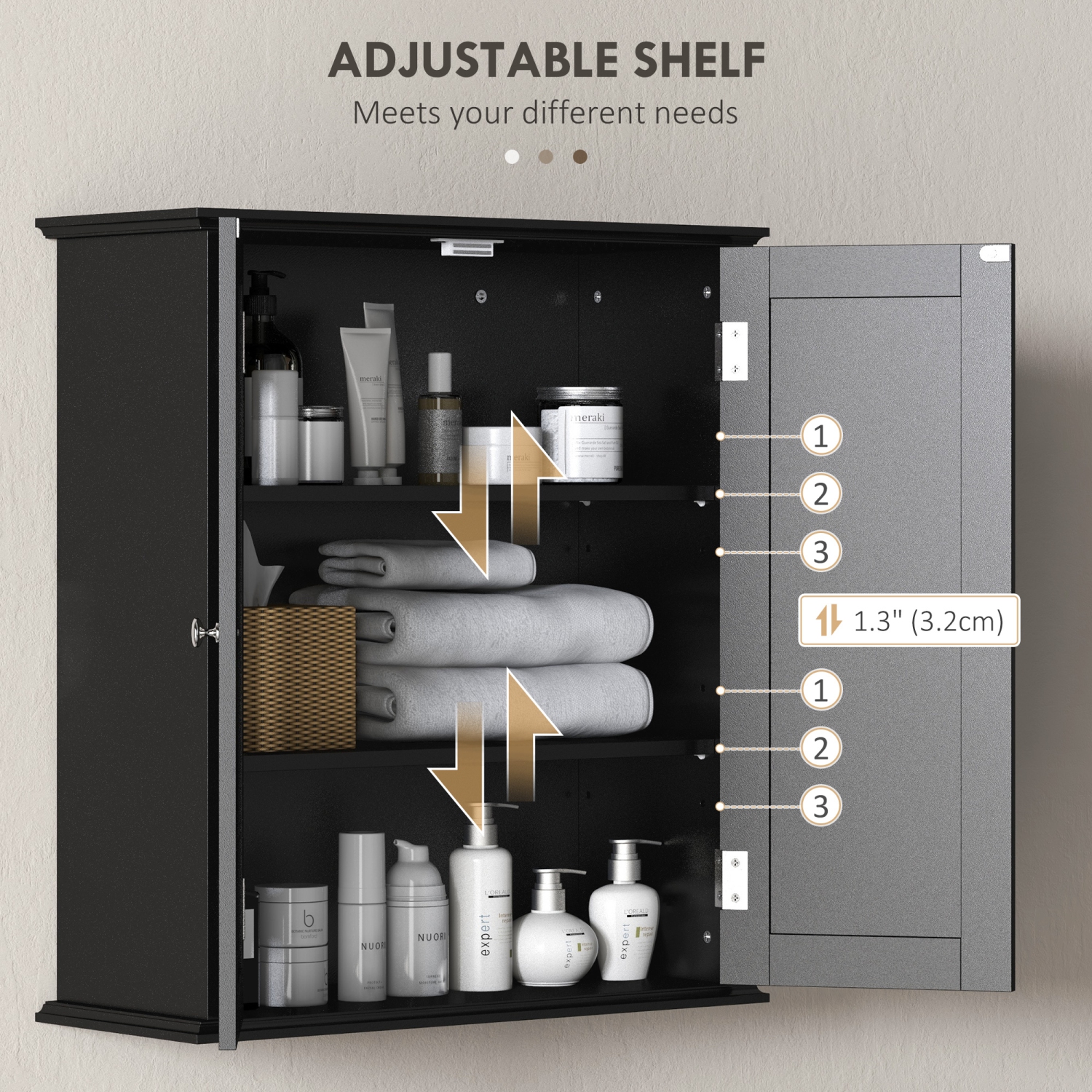 HOMCOM Medicine Cabinet, 3-Tier Bathroom Wall Cabinet with Adjustable Shelf and 2 Doors, Space Saver Bathroom Cabinet Over Toilet, Black