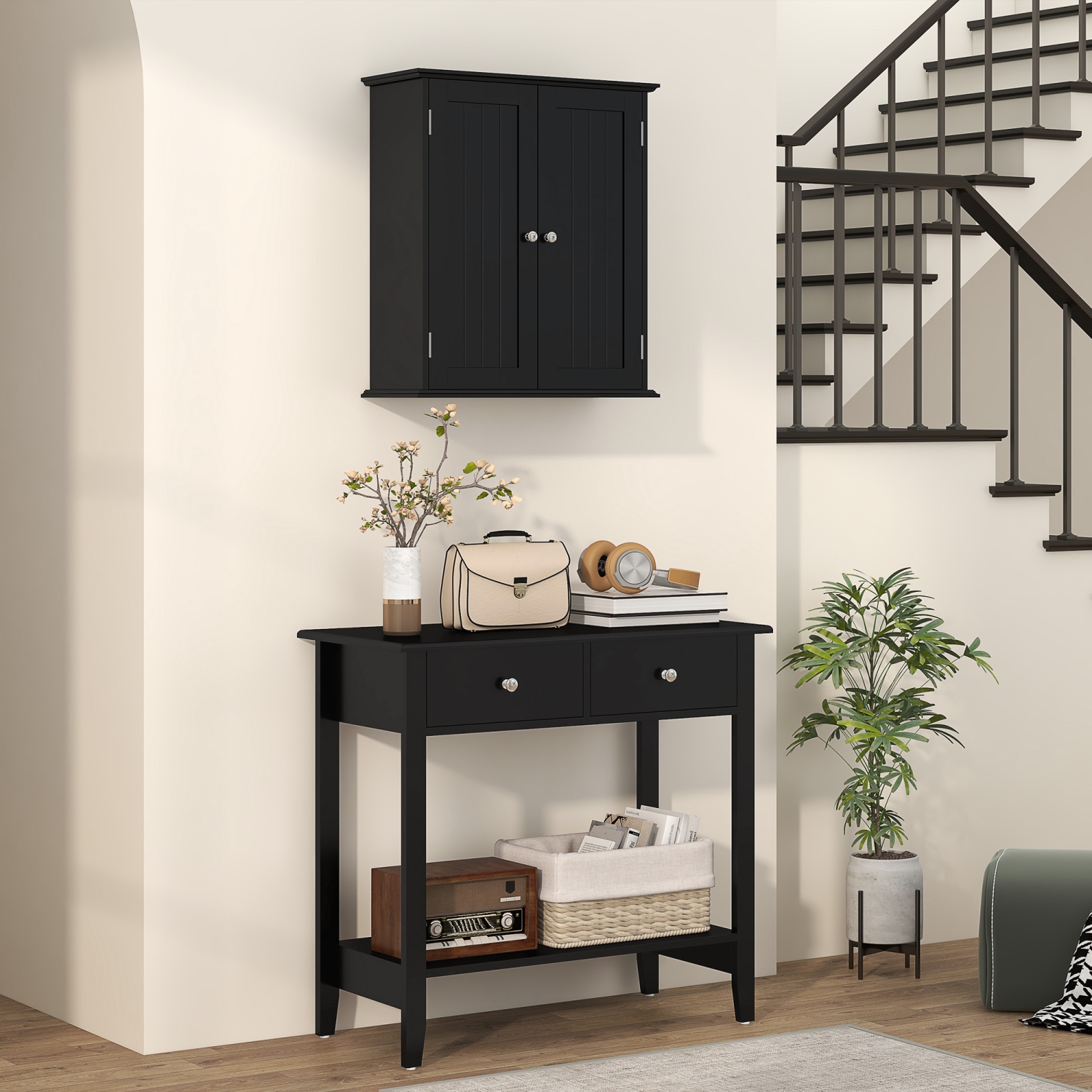 HOMCOM Medicine Cabinet, 3-Tier Bathroom Wall Cabinet with Adjustable Shelf and 2 Doors, Space Saver Bathroom Cabinet Over Toilet, Black