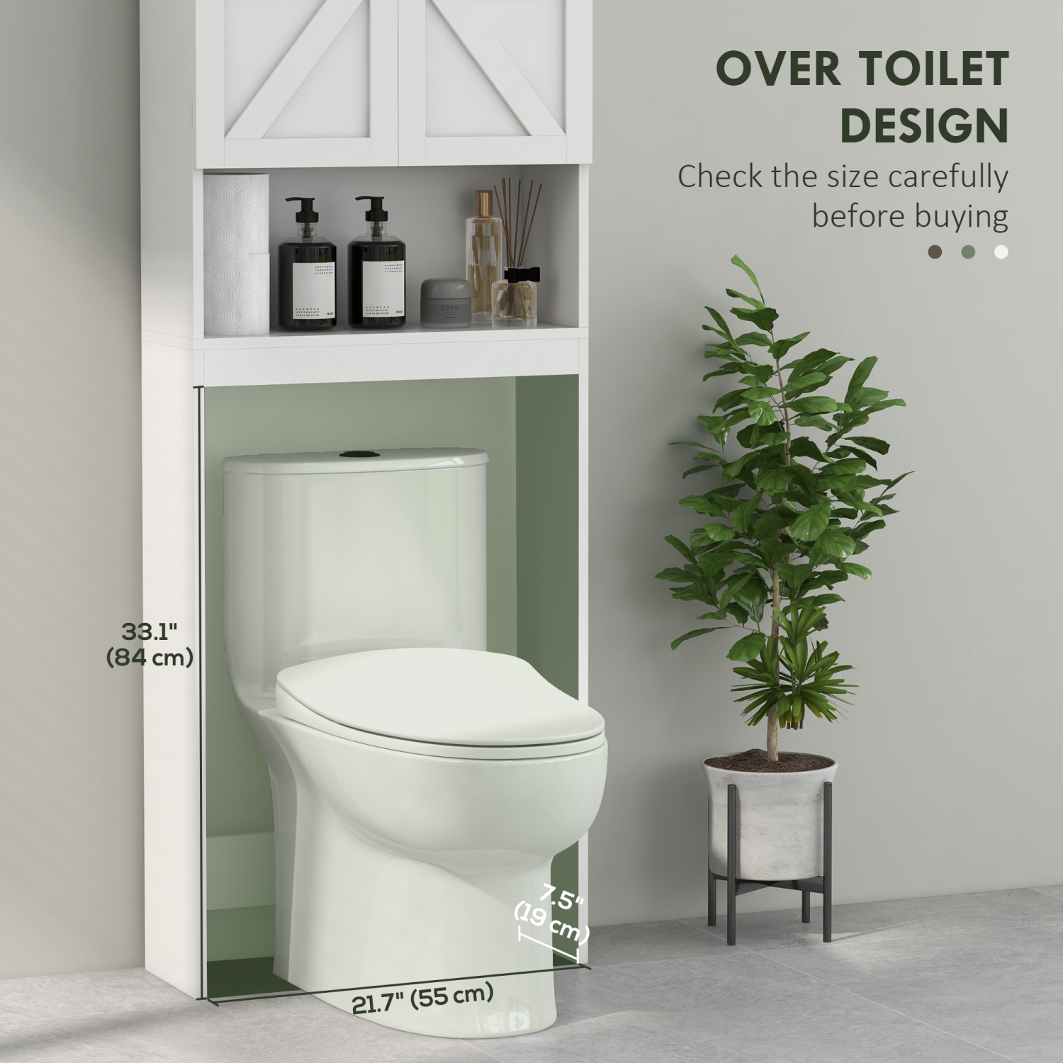 HOMCOM – Armoire de rangement pour toilettes, armoire de salle de bain au-dessus des toilettes avec portes de style grange, tablette ouverte et barre