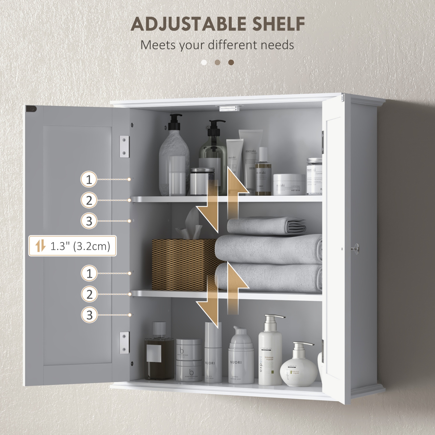 HOMCOM Medicine Cabinet, 3-Tier Bathroom Wall Cabinet with Adjustable Shelf and 2 Doors, Space Saver Bathroom Cabinet Over Toilet, White