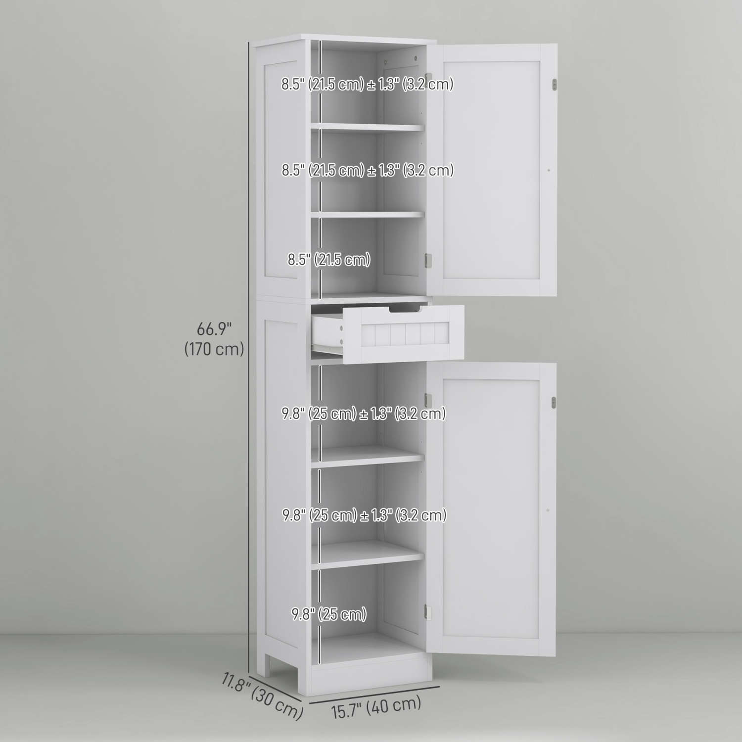 HOMCOM Tall Bathroom Storage Cabinet, Narrow Bathroom Cabinet with Doors, Drawer and Adjustable Shelves, Freestanding Linen Tower, White