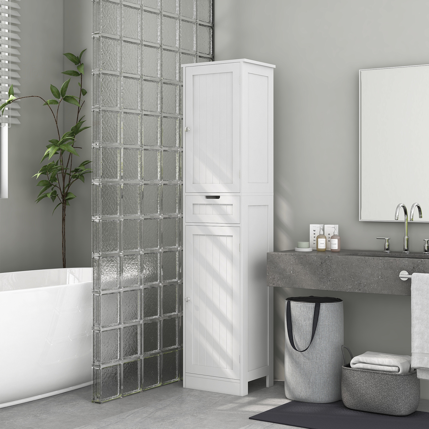 HOMCOM Tall Bathroom Storage Cabinet, Narrow Bathroom Cabinet with Doors, Drawer and Adjustable Shelves, Freestanding Linen Tower, White