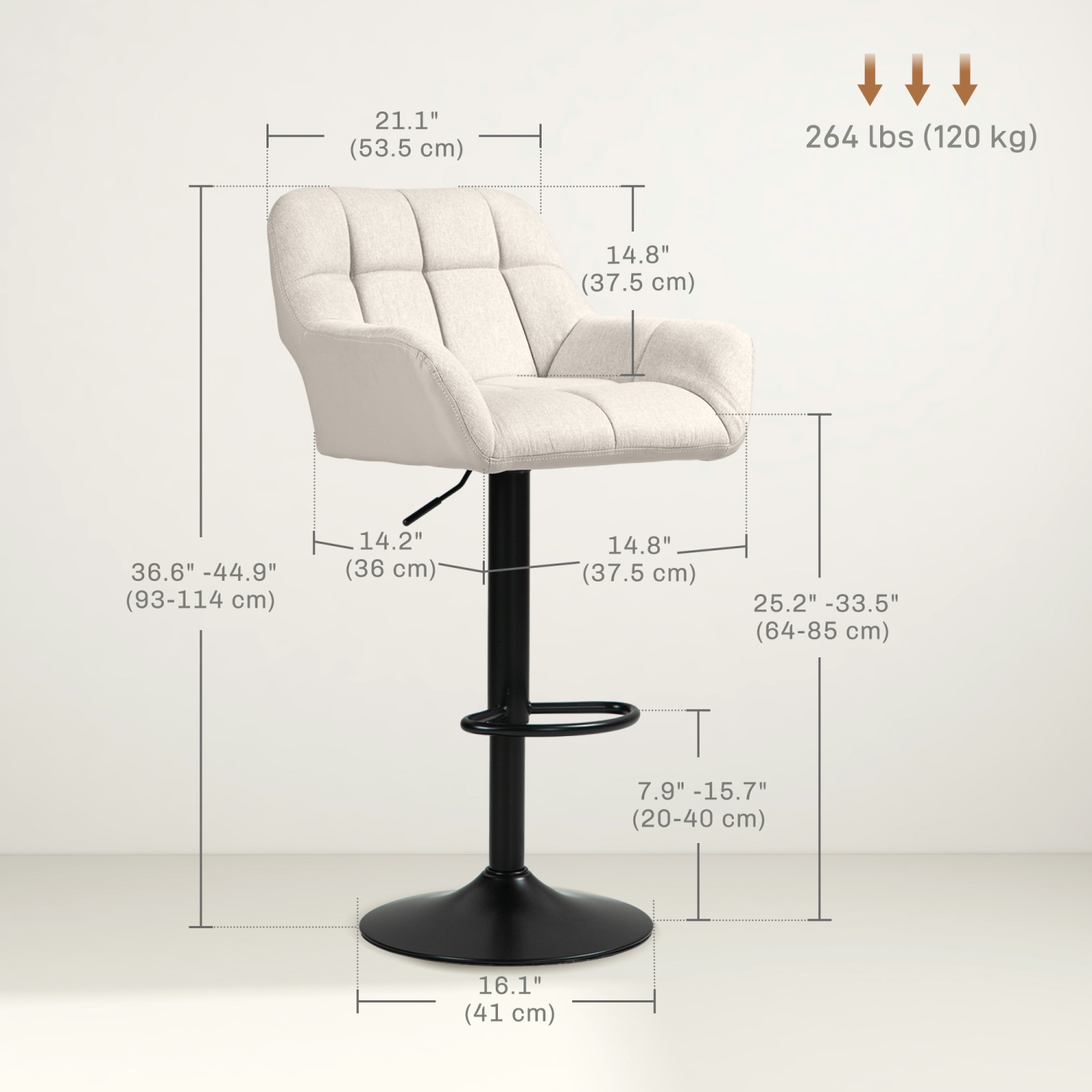 HOMCOM – Ensemble de 2 tabourets de bar ajustables, tabourets pivotants en lin capitonné avec repose-pieds et accoudoirs, chaises de bar pour