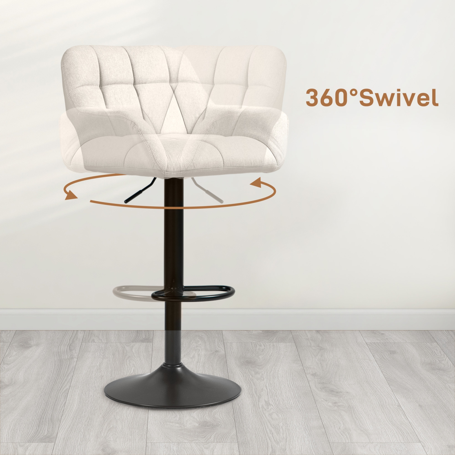 HOMCOM – Ensemble de 2 tabourets de bar ajustables, tabourets pivotants en lin capitonné avec repose-pieds et accoudoirs, chaises de bar pour