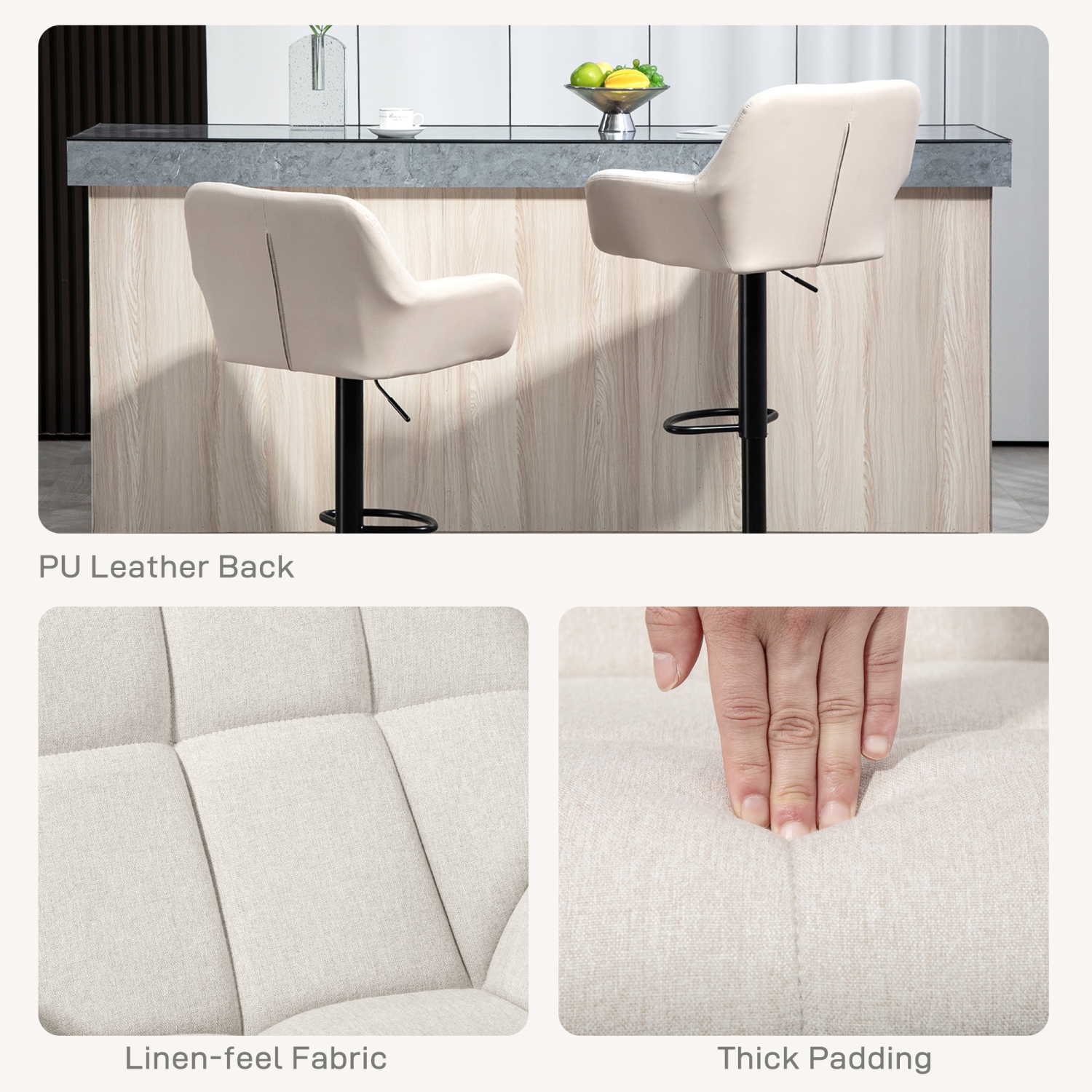 HOMCOM – Ensemble de 2 tabourets de bar ajustables, tabourets pivotants en lin capitonné avec repose-pieds et accoudoirs, chaises de bar pour