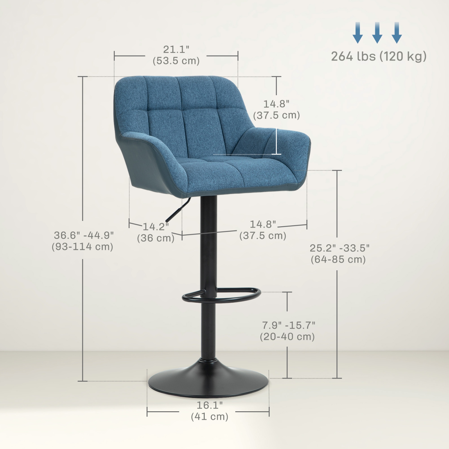 HOMCOM – Ensemble de 2 tabourets de bar ajustables, tabourets pivotants en lin capitonné avec repose-pieds et accoudoirs, chaises de bar pour