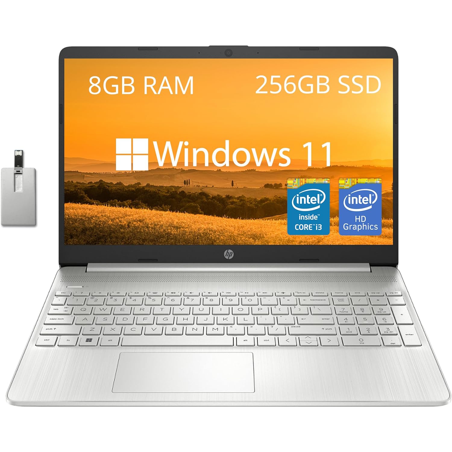 HP 15.6" FHD Laptop, Intel Core i3-1215U, 256GB PCIe SSD, 8GB RAM, Intel UHD Graphics, Numeric Keypad, HD Camera, WiFi, Bluetooth, Windows 11, Silver, 32GB Hotface USB Card