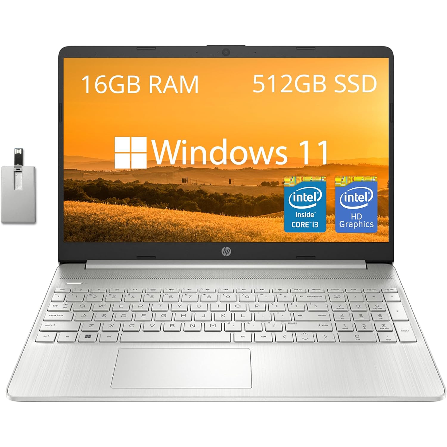 HP 15.6" FHD Laptop, Intel Core i3-1215U, 512GB PCIe SSD, 16GB RAM, Intel UHD Graphics, Numeric Keypad, HD Camera, WiFi, Bluetooth, Windows 11, Silver, 32GB Hotface USB Card